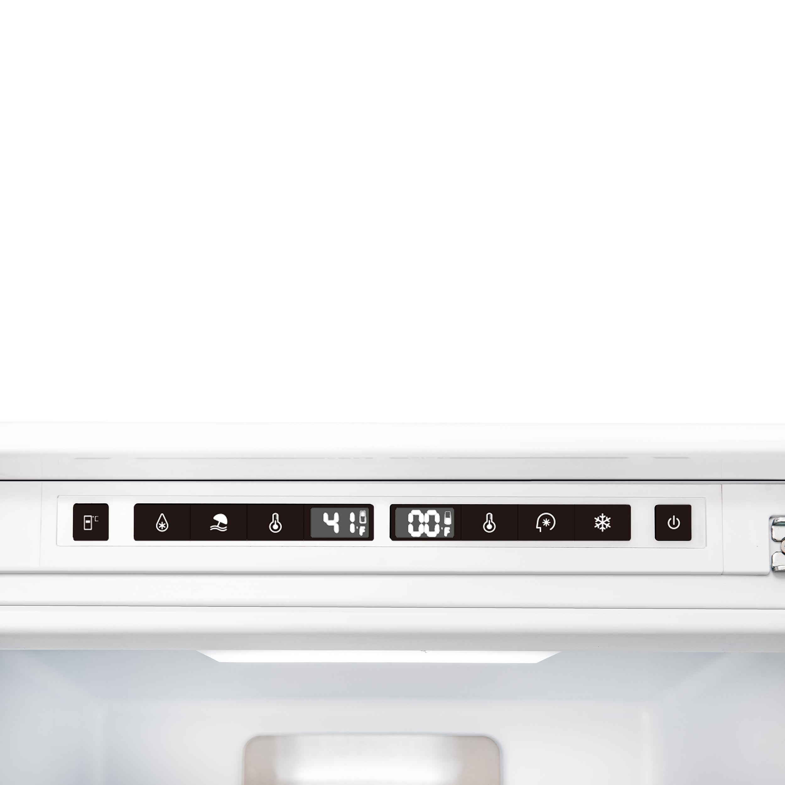 Refrigerator control panel with LED display and touch icon buttons