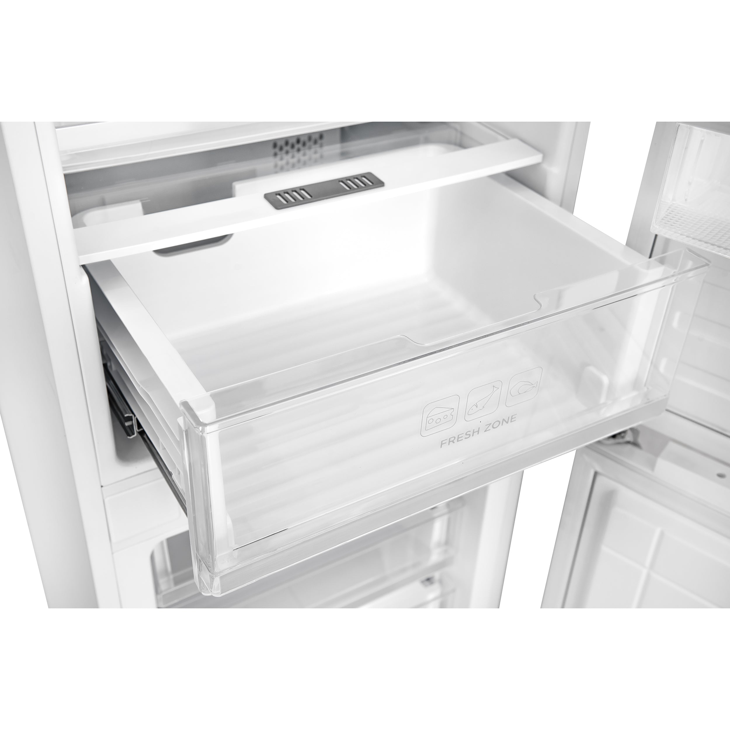 Refrigerator fresh-food drawer with clear bin and slide rails
