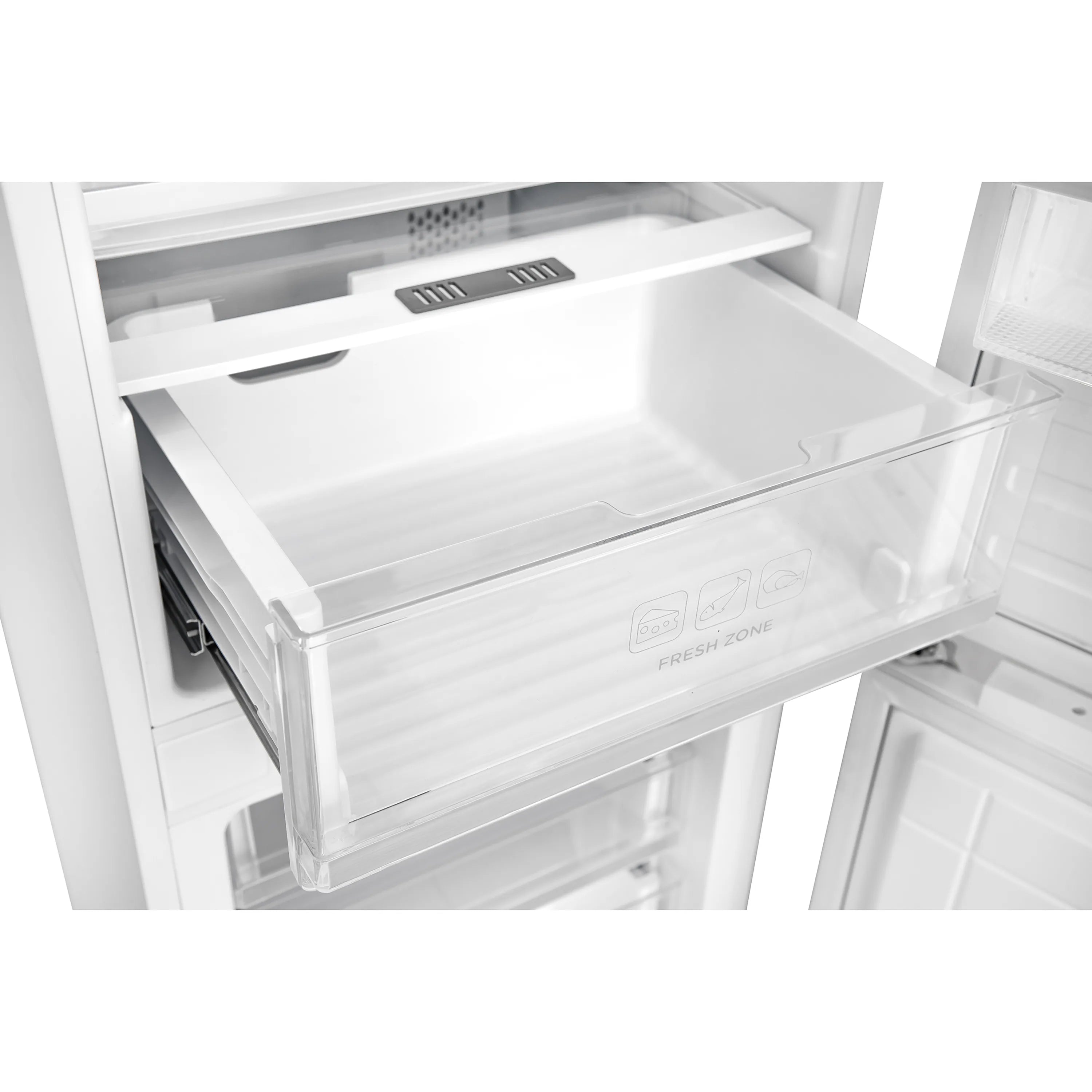 Refrigerator freezer drawer with clear front and full-width storage bin