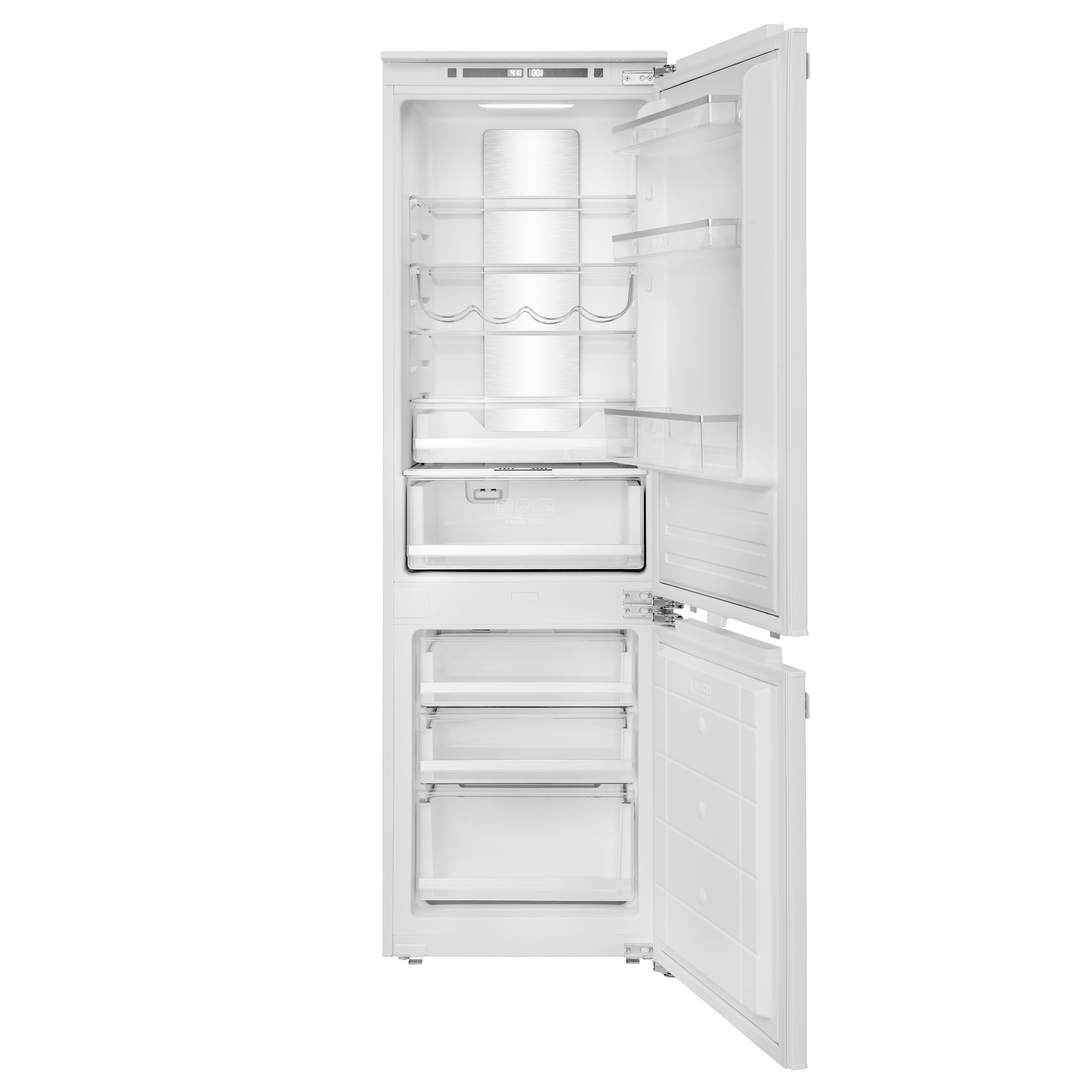 White built-in refrigerator with bottom freezer open, organized fresh-food and freezer storage