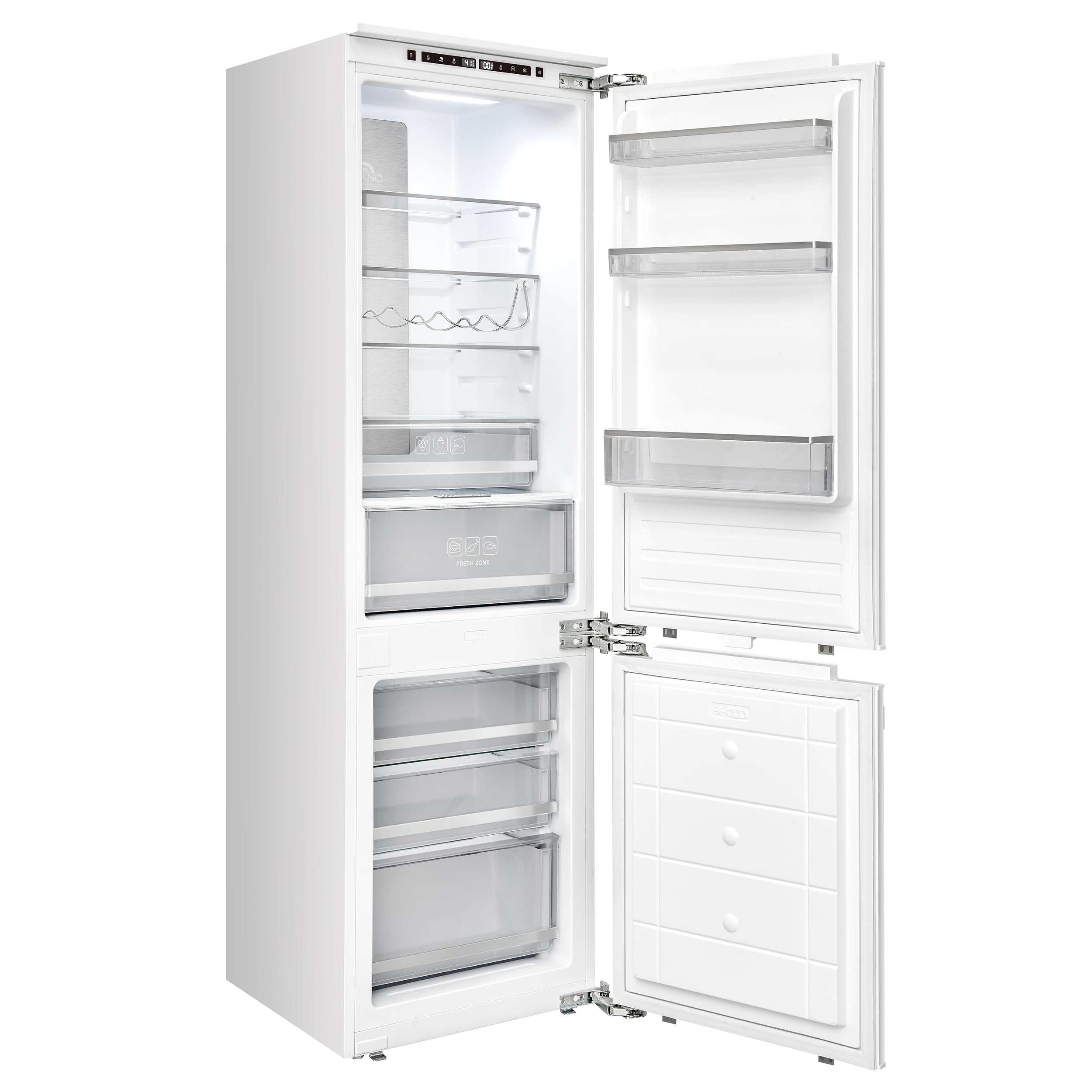 White built-in refrigerator and bottom freezer open, shelves, bins, and drawer compartments