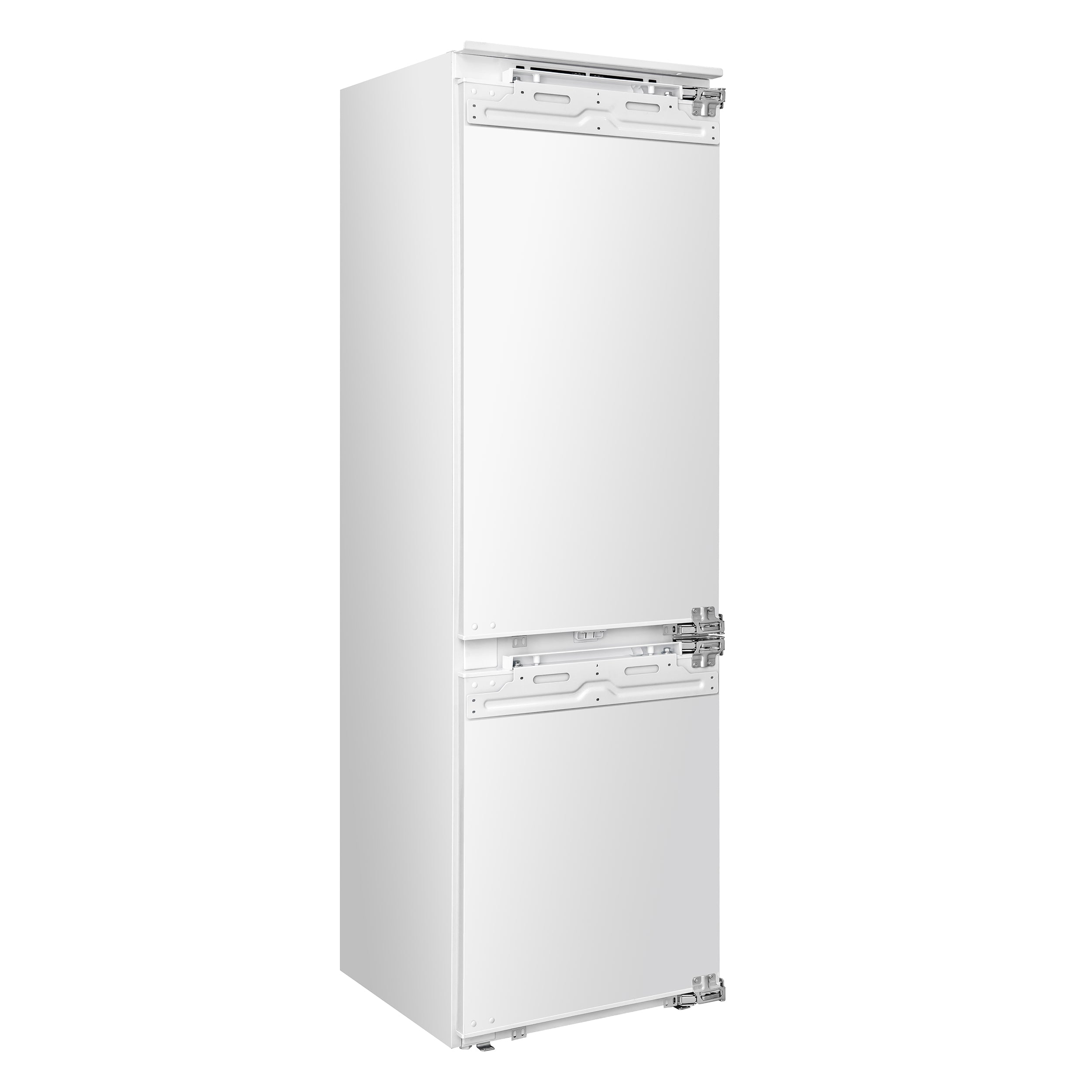 White built-in refrigerator cabinet with mounting hardware at top and bottom edges