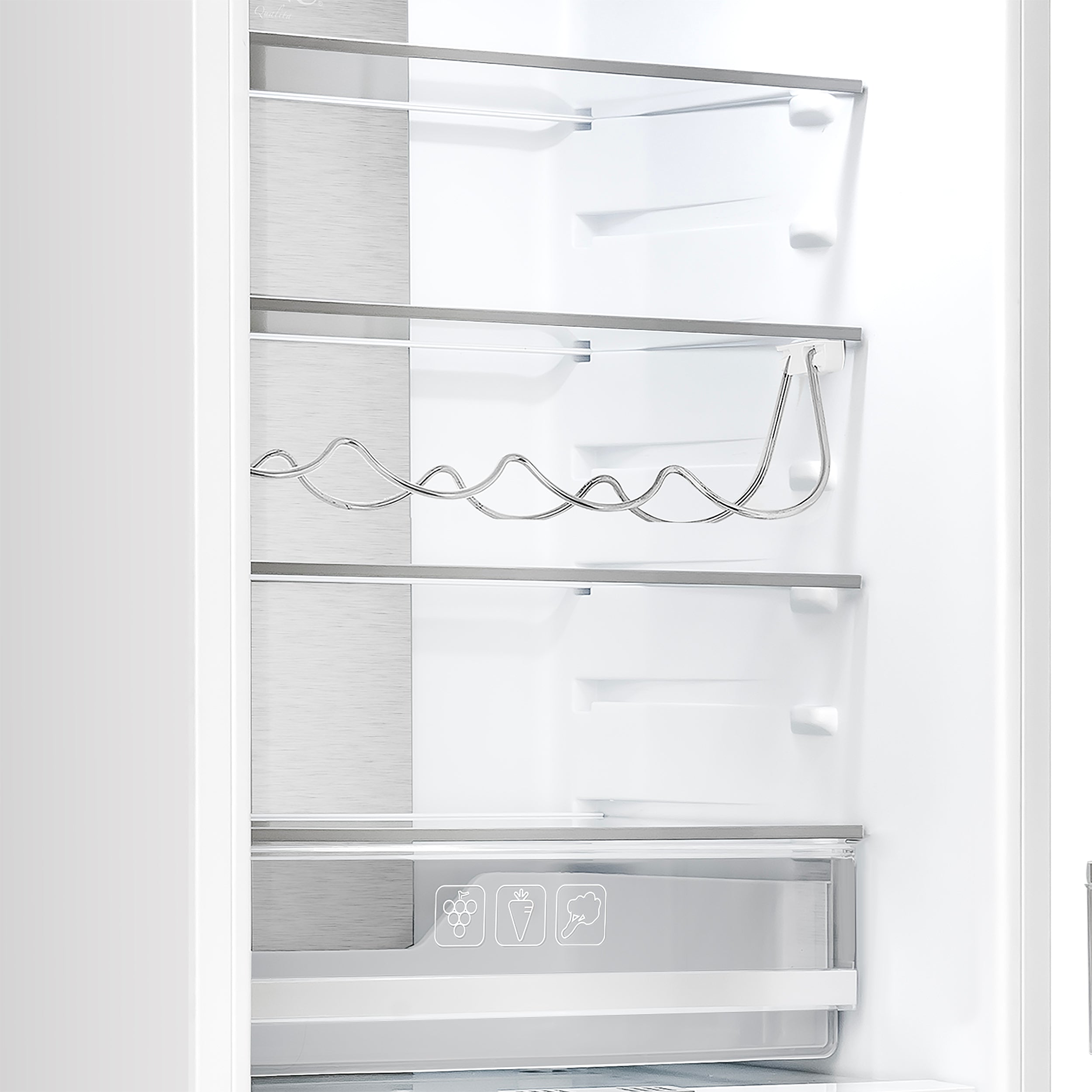 Refrigerator interior with door shelves, slide-out bin, and wire wine rack