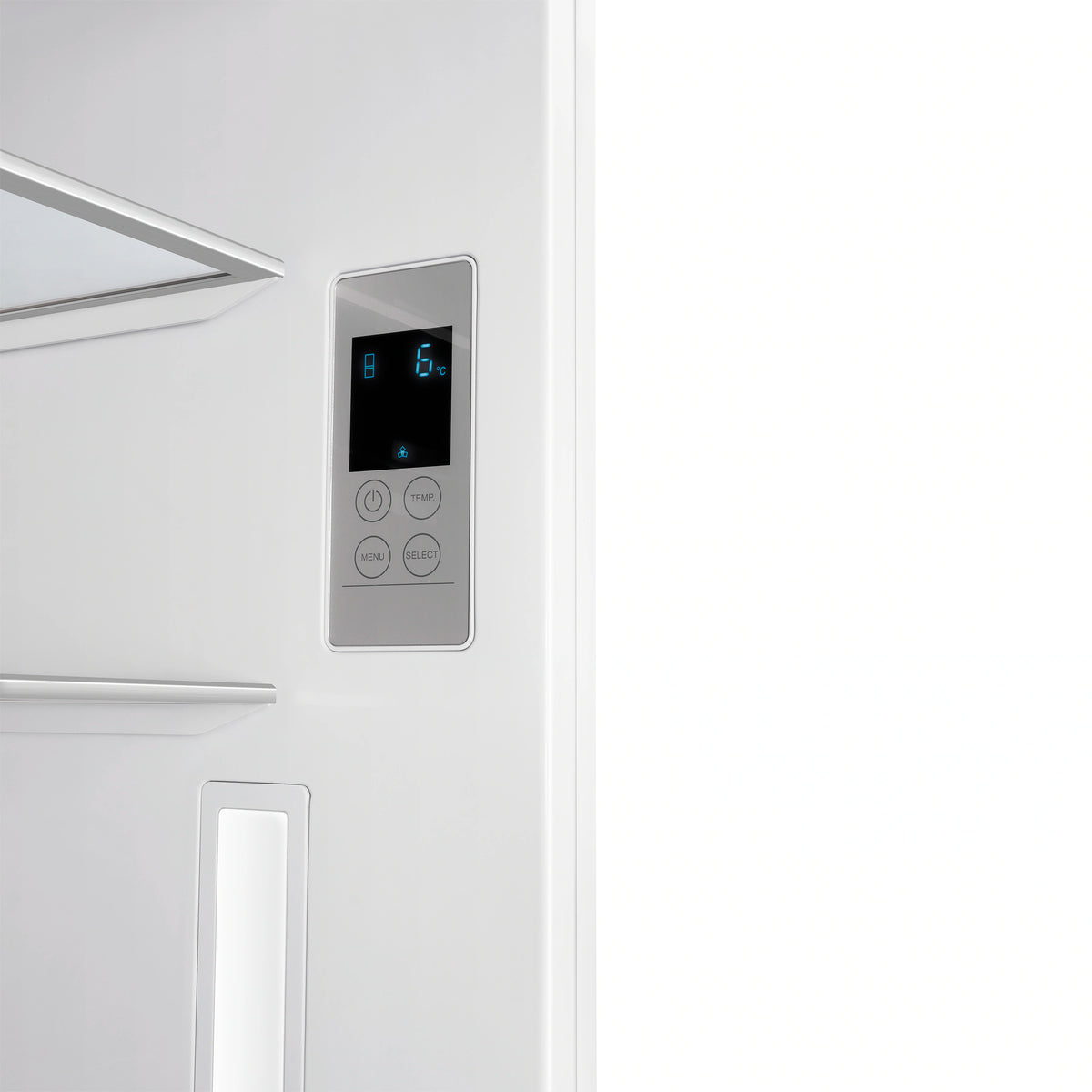 Refrigerator control panel with digital display and touch buttons