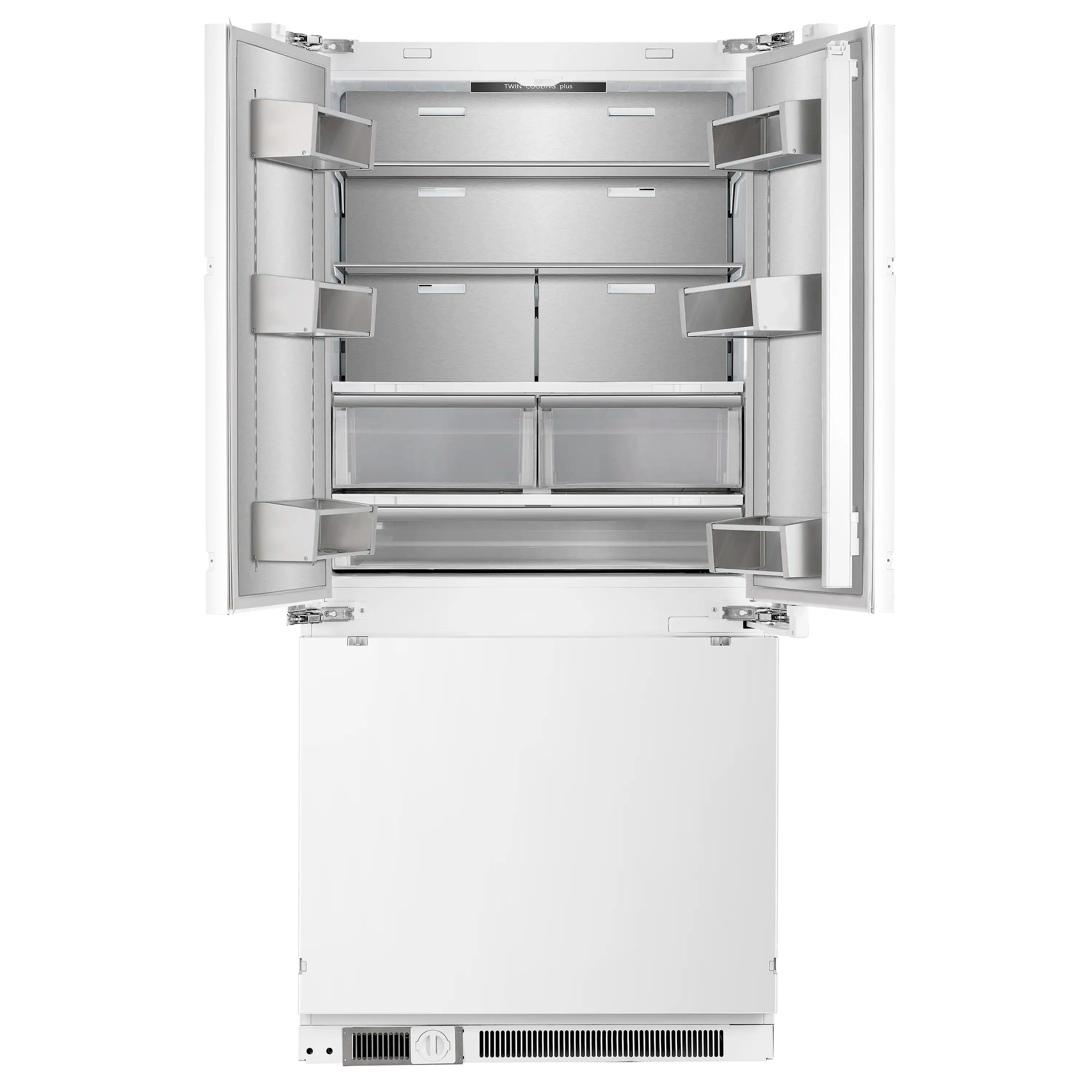 French door refrigerator interior with multiple shelves and pull-out drawer bins