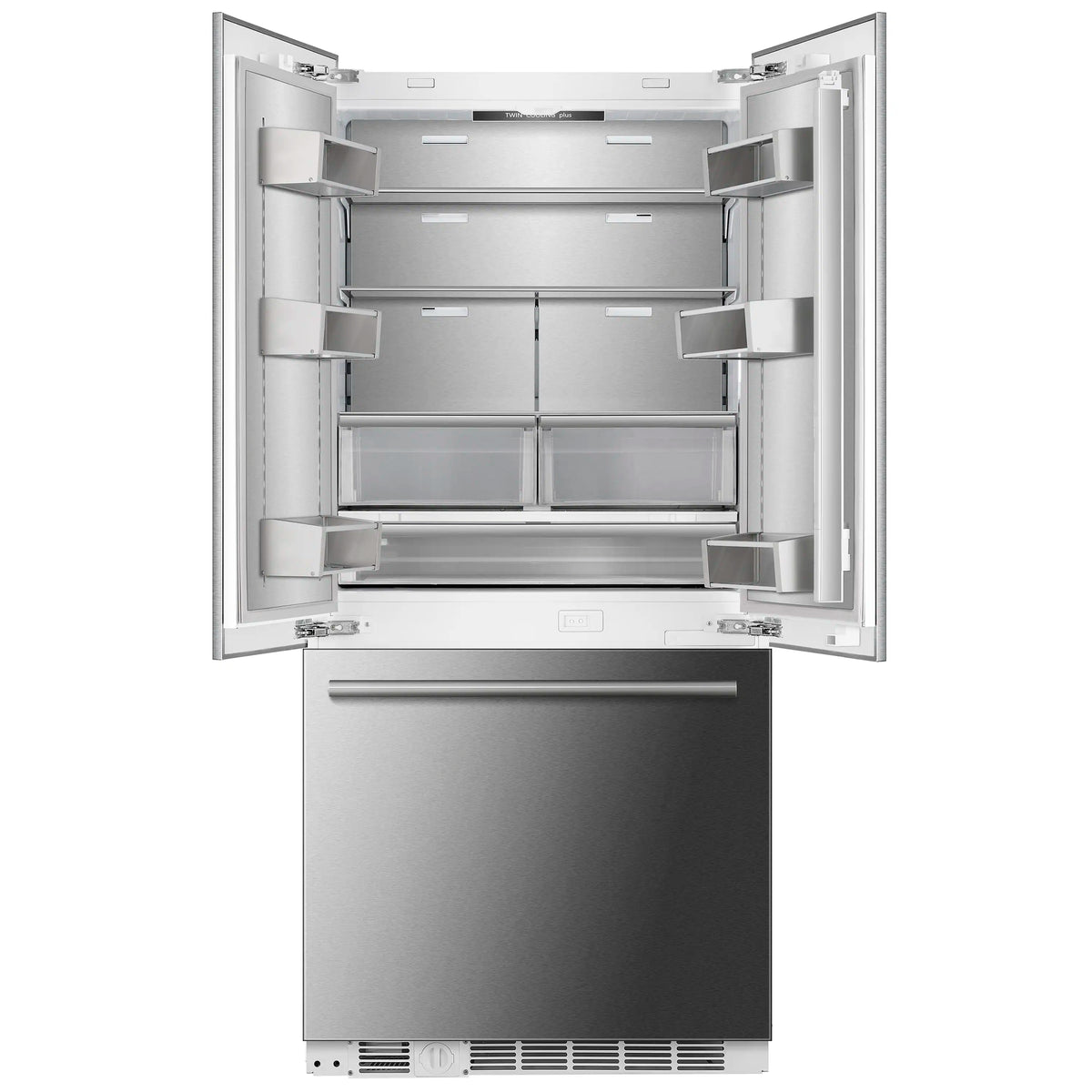 Stainless French door refrigerator, open doors with adjustable interior shelves