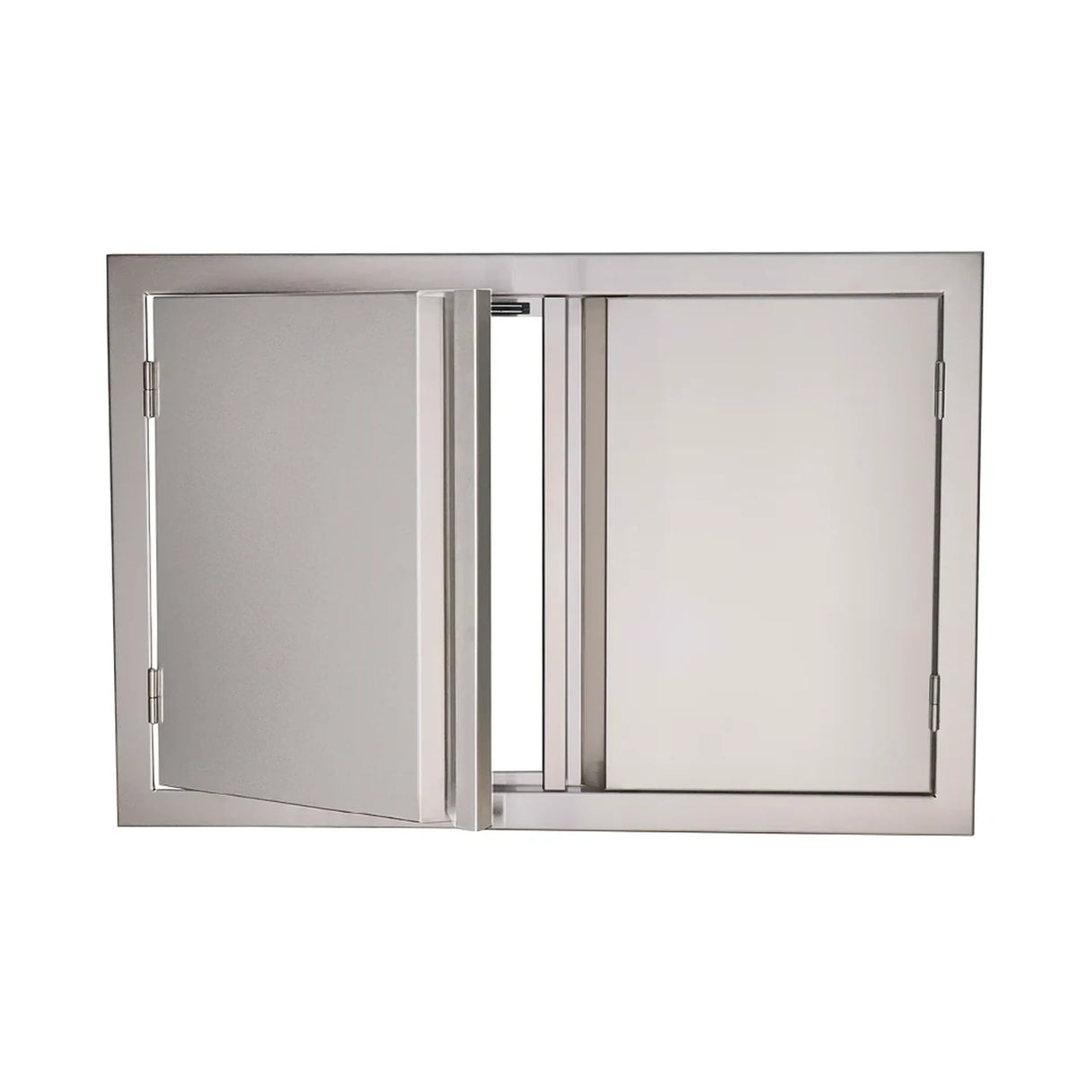 Double-door panel with one door ajar, hinges visible, vertical center seam, silver finish