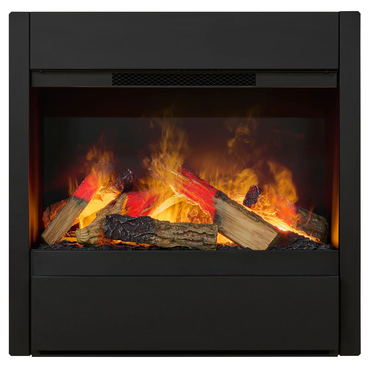 Close-up of black fireplace flame window with burning logs and embers