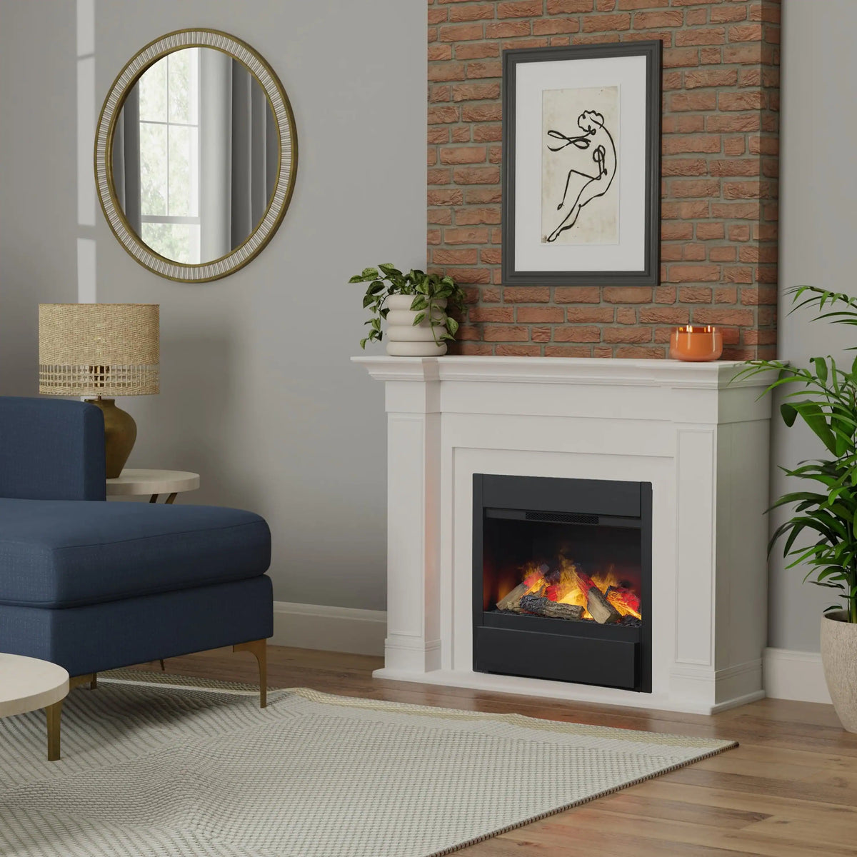 White mantel fireplace with black glass-front insert and visible flame effect