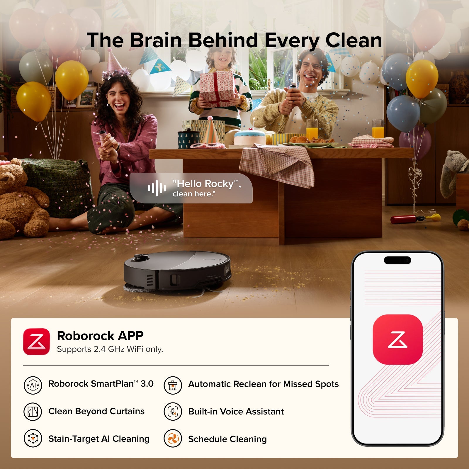 Robot vacuum controlled by Roborock app on a smartphone display
