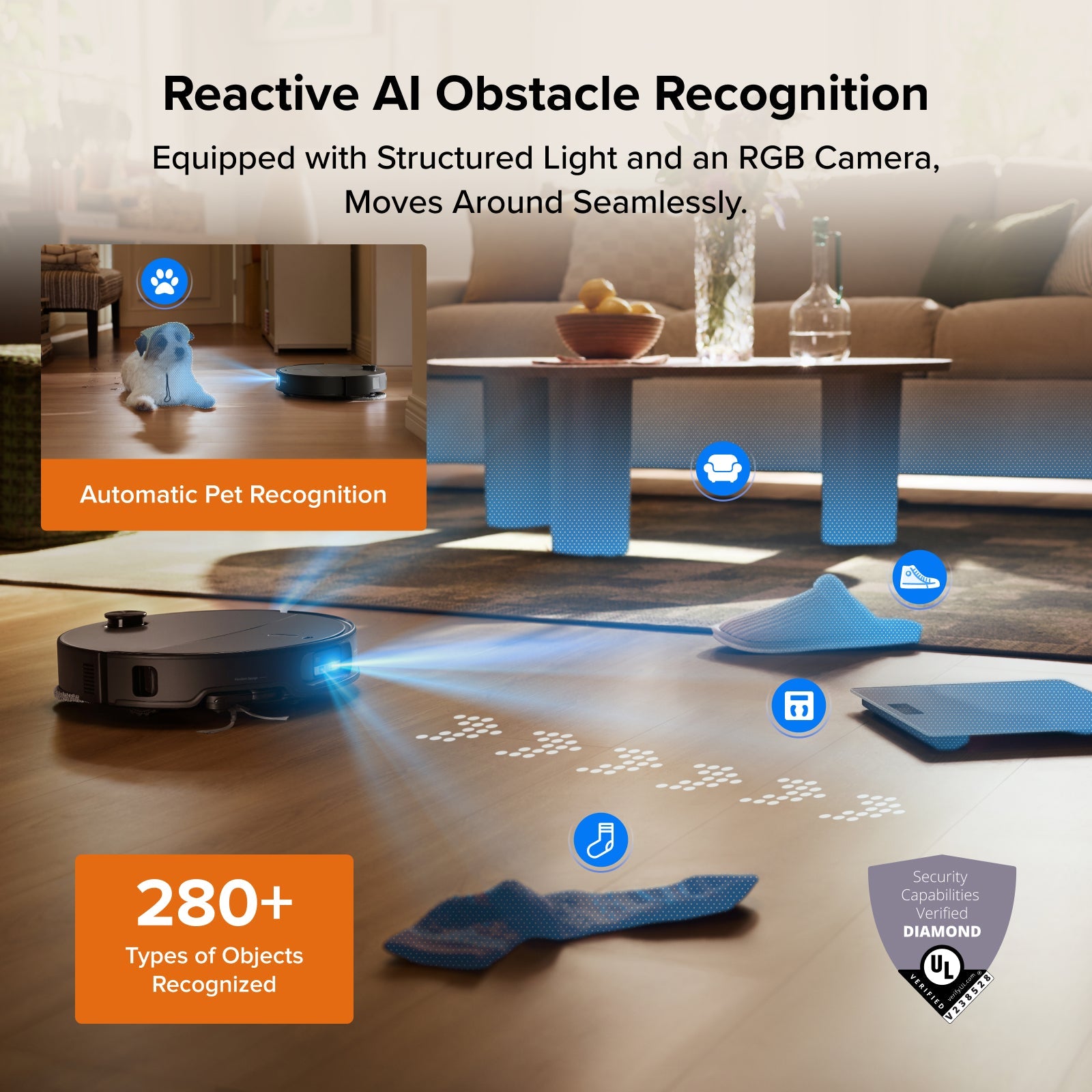 Robot vacuum with Reactive AI obstacle recognition sensors and RGB camera glow