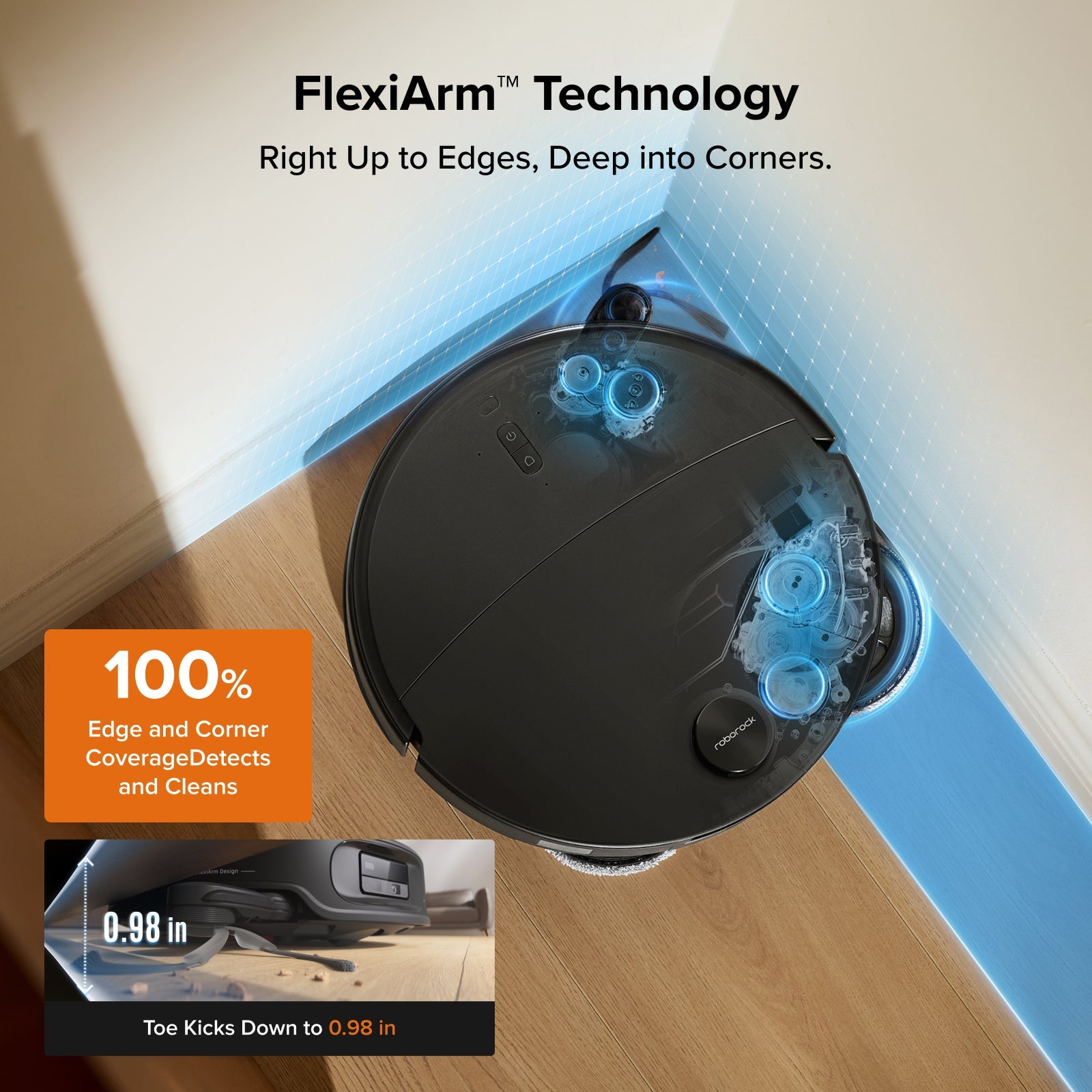 Robot vacuum with FlexiArm side brushes for edge and corner cleaning