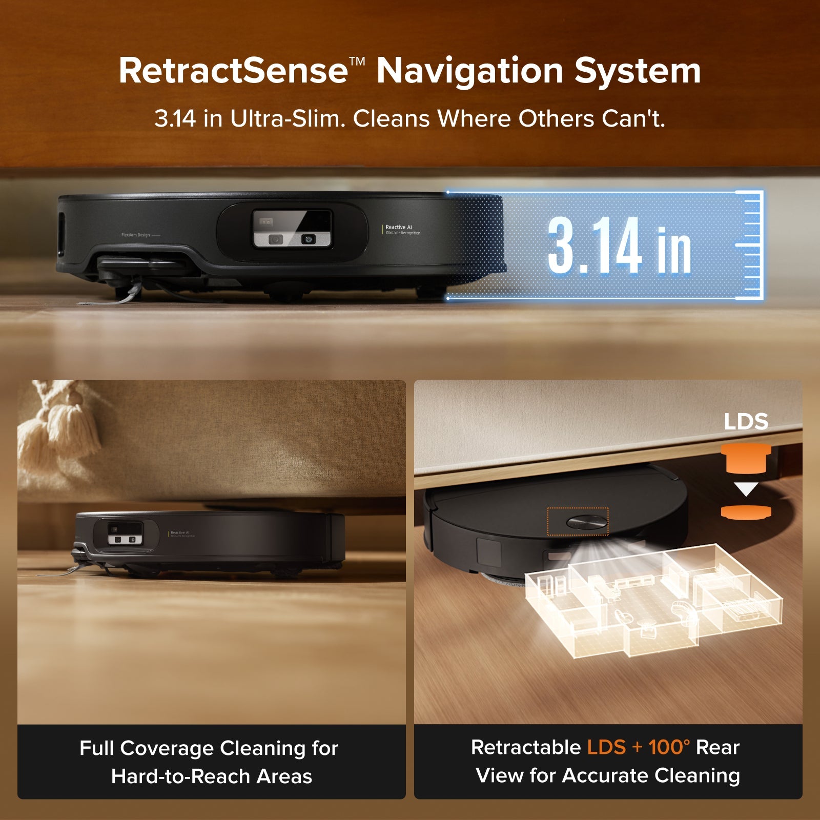 Robot vacuum showing retractable LDS navigation sensor and rear cleaning view