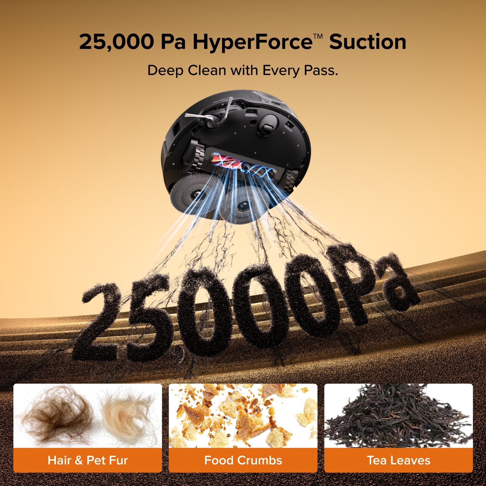Robot vacuum illustration showing strong suction lifting debris and dust