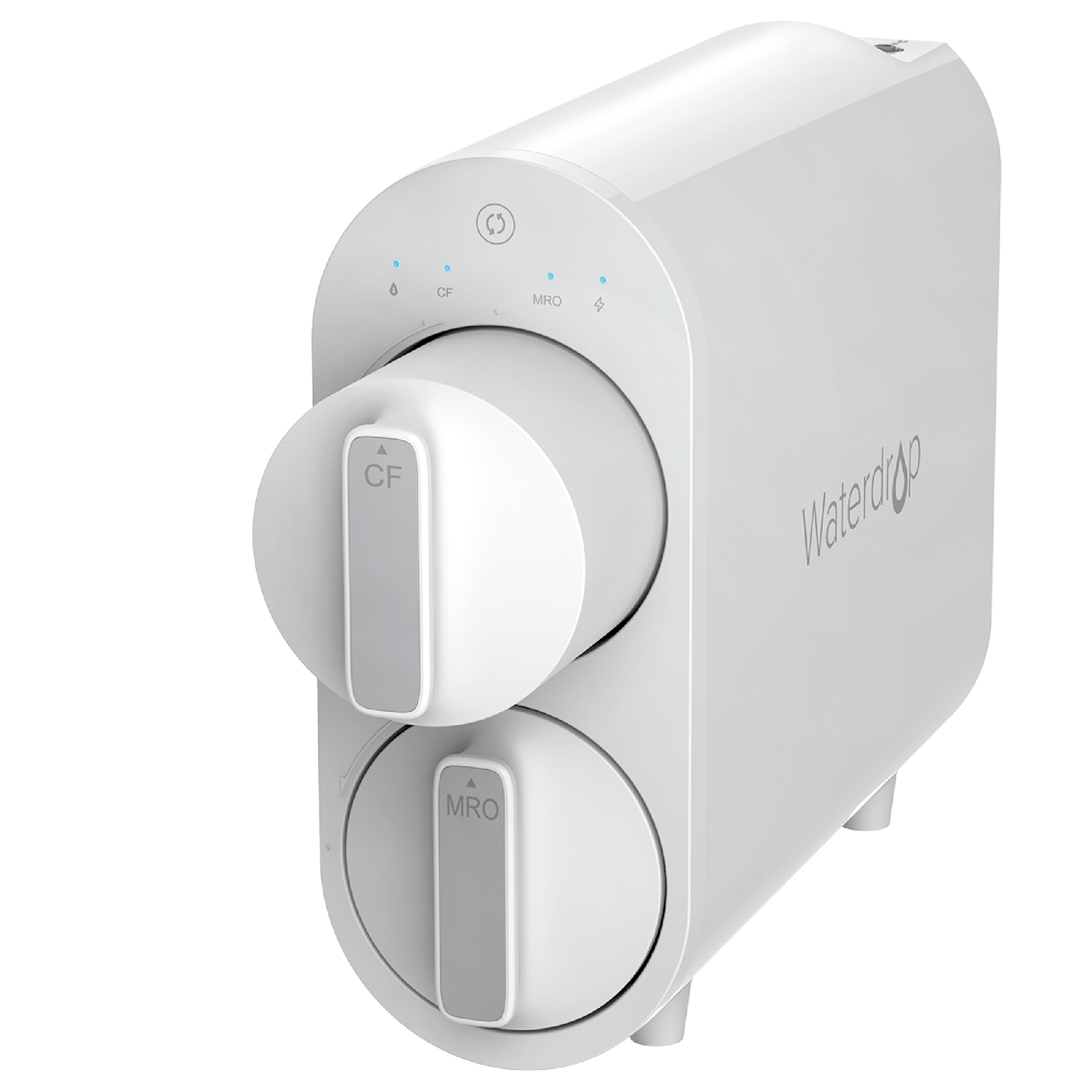 White Waterdrop filter canister with two labeled switches and front ports