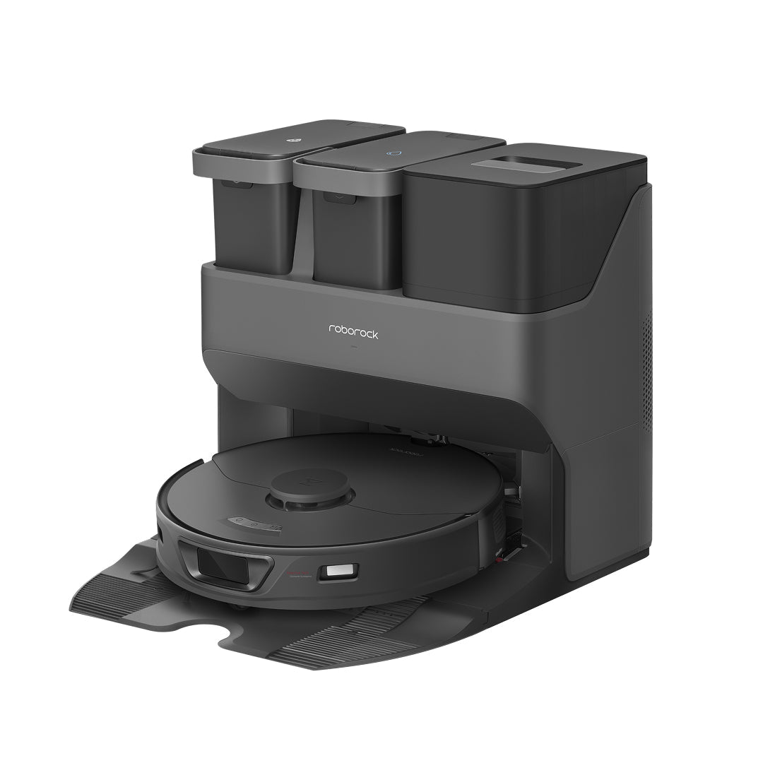 Charging dock with robot vacuum docked, dark gray body and open top compartments