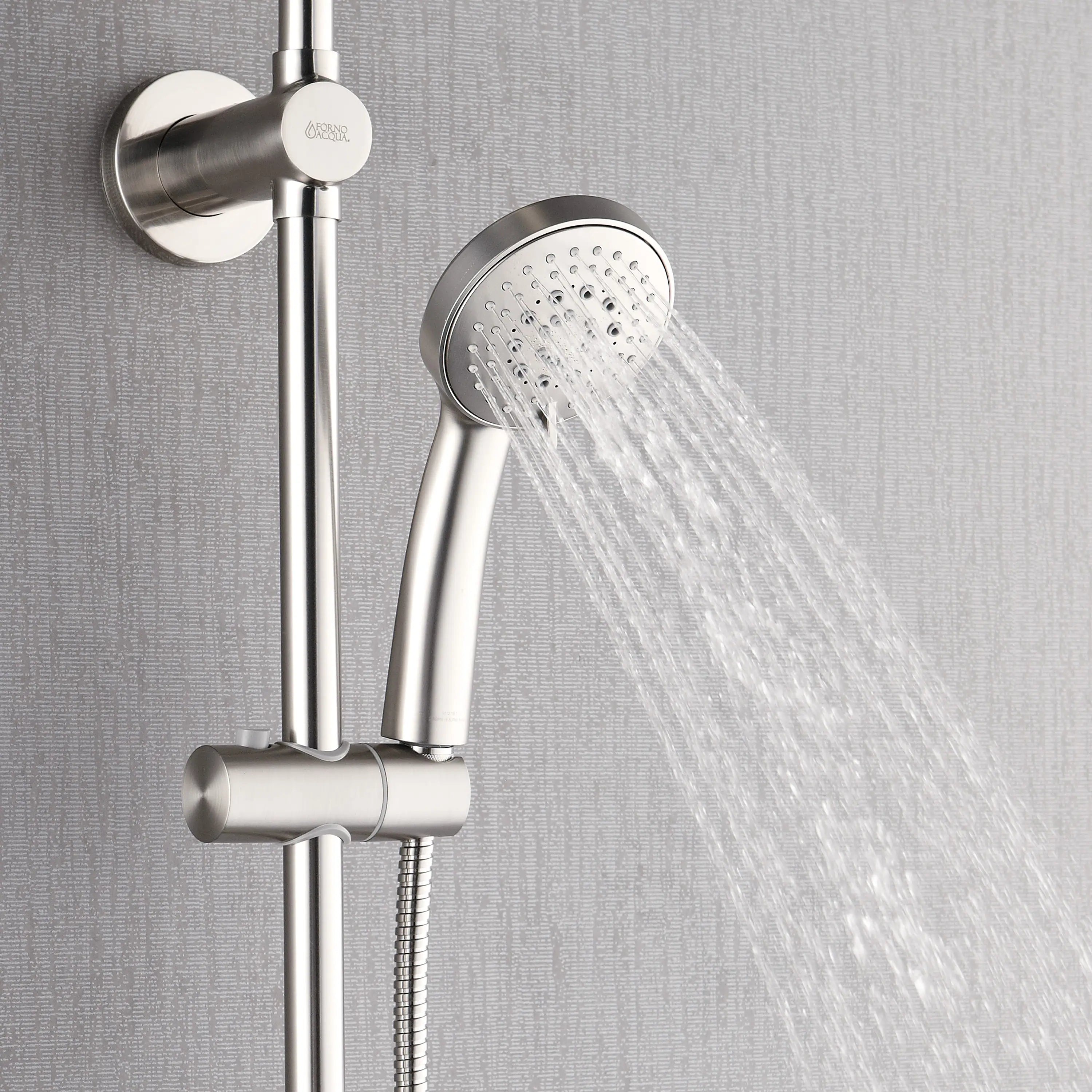 Brushed nickel handheld shower sprayer delivering a steady water stream