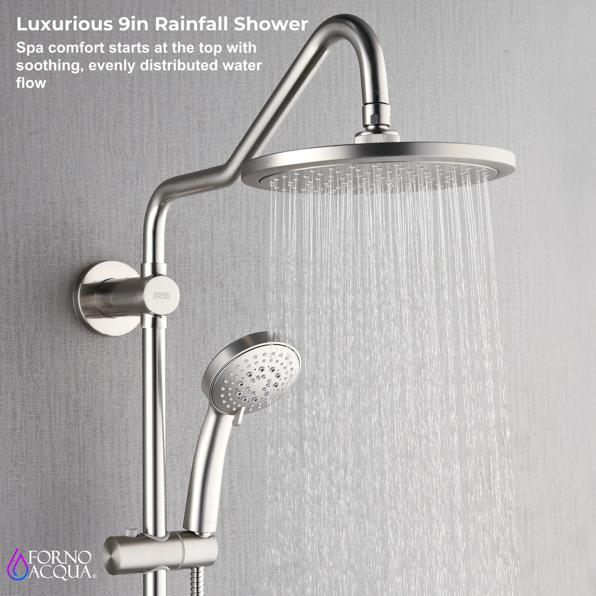 Brushed nickel 9-inch rainfall shower head with flowing water and handheld sprayer