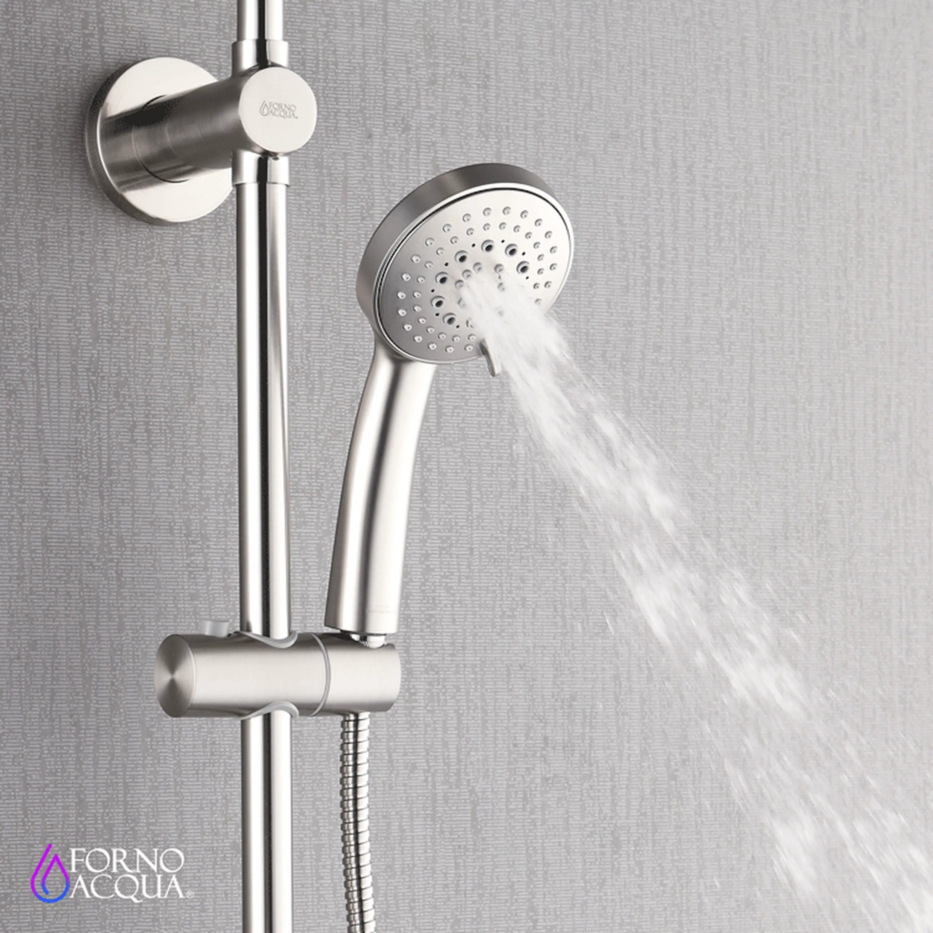 Brushed nickel wall-mounted rainfall shower head with handheld sprayer and hose