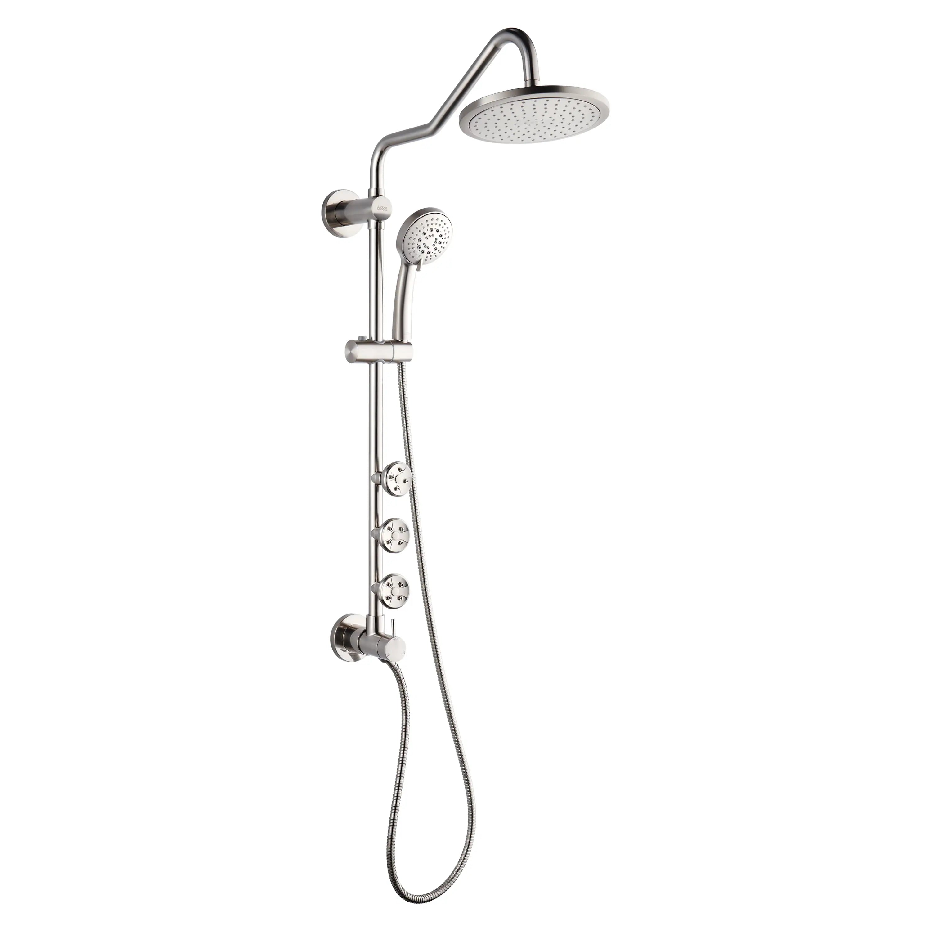 Brushed nickel shower system with 9-inch rainfall head, handheld sprayer, and hose