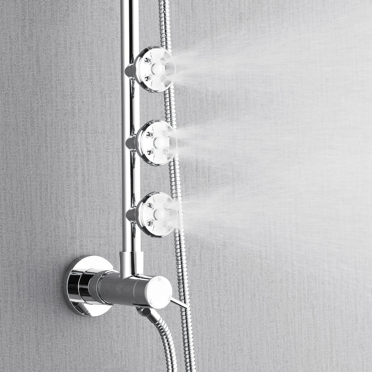 Polished stainless steel handheld shower with spray nozzles and flexible hose on wall mount