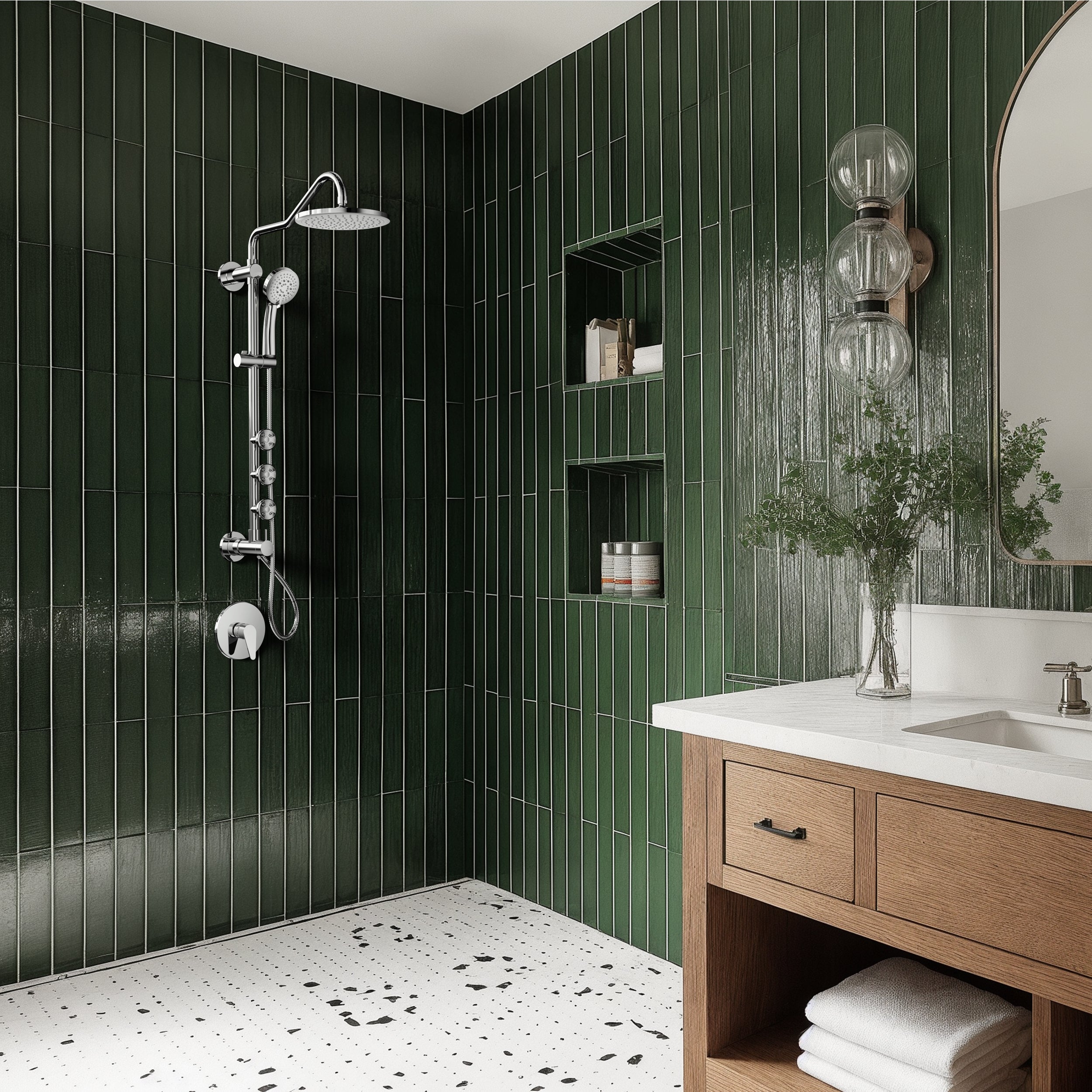 Wall-mounted polished stainless steel shower system with rainfall head and handheld