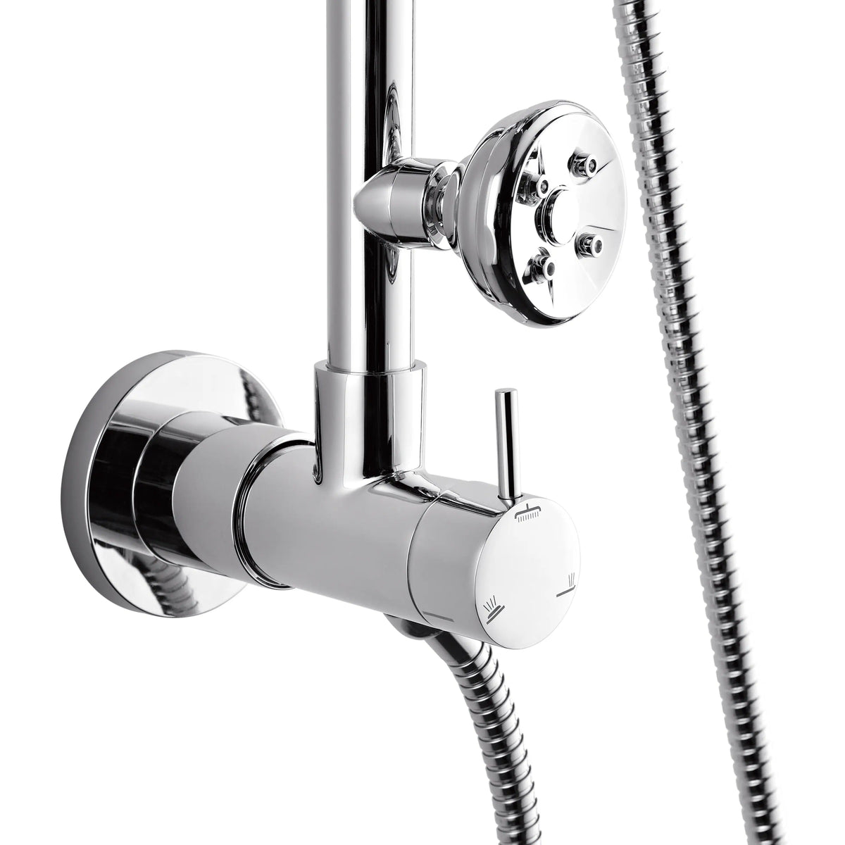 Polished stainless steel 6-way diverter valve with handheld shower head and hose