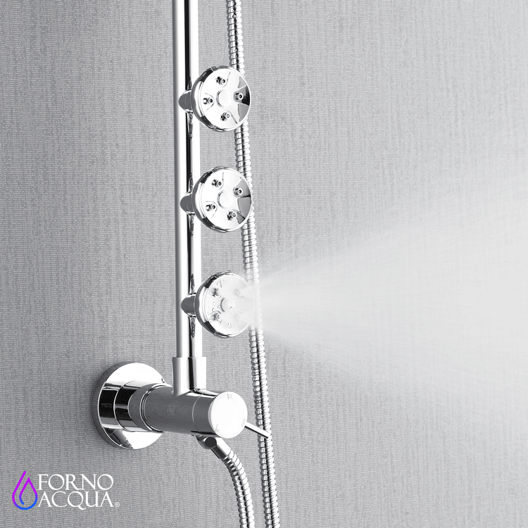 Polished stainless steel shower control with body-jet nozzles and flexible hose