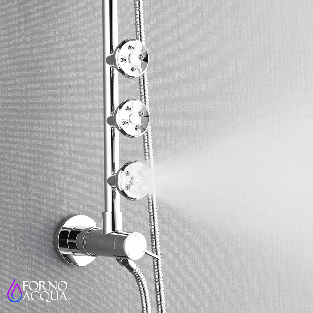 Polished stainless steel body-jet nozzles with handheld hose and shower controls