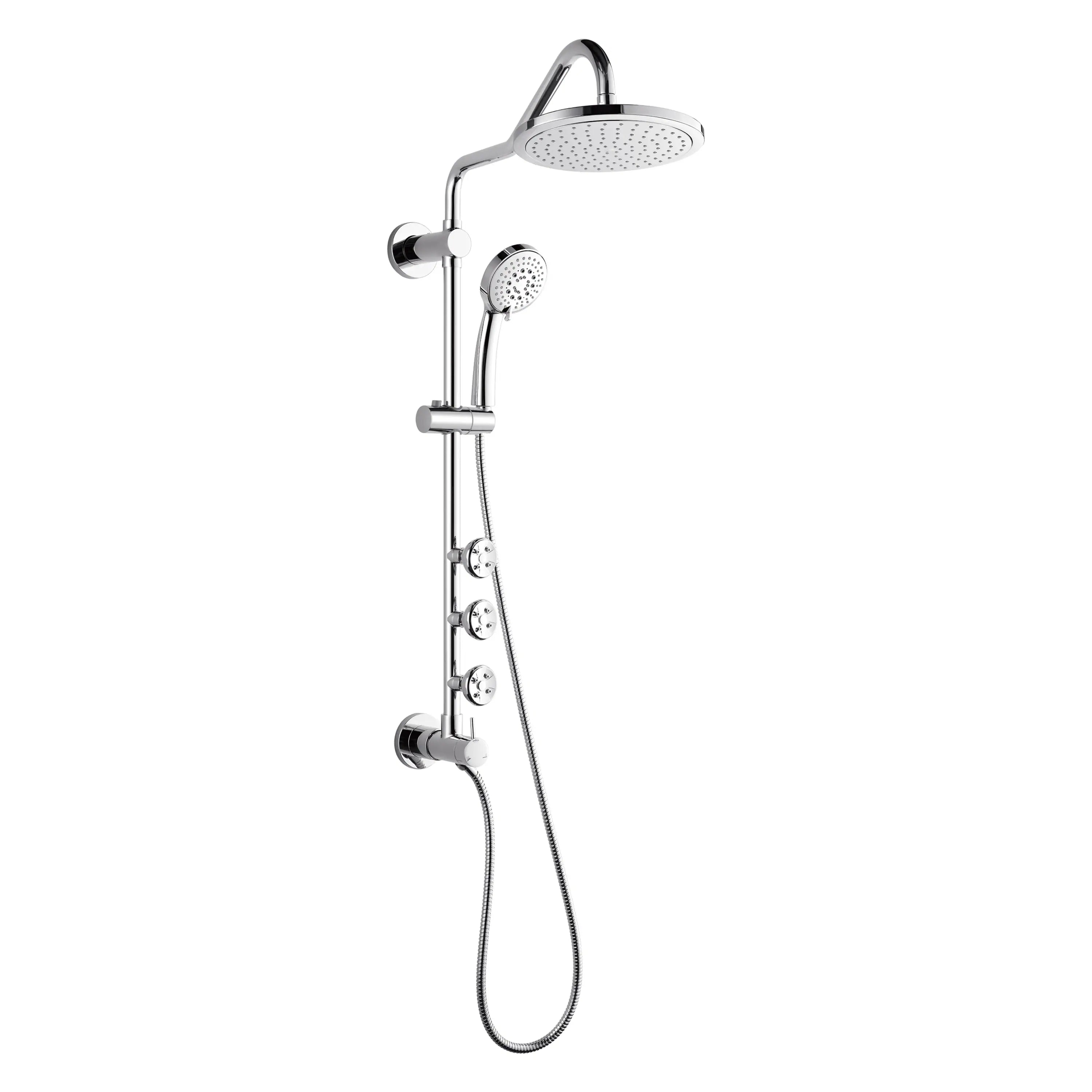 Polished stainless steel rainfall shower system with 9-inch overhead head, handheld, and body jets