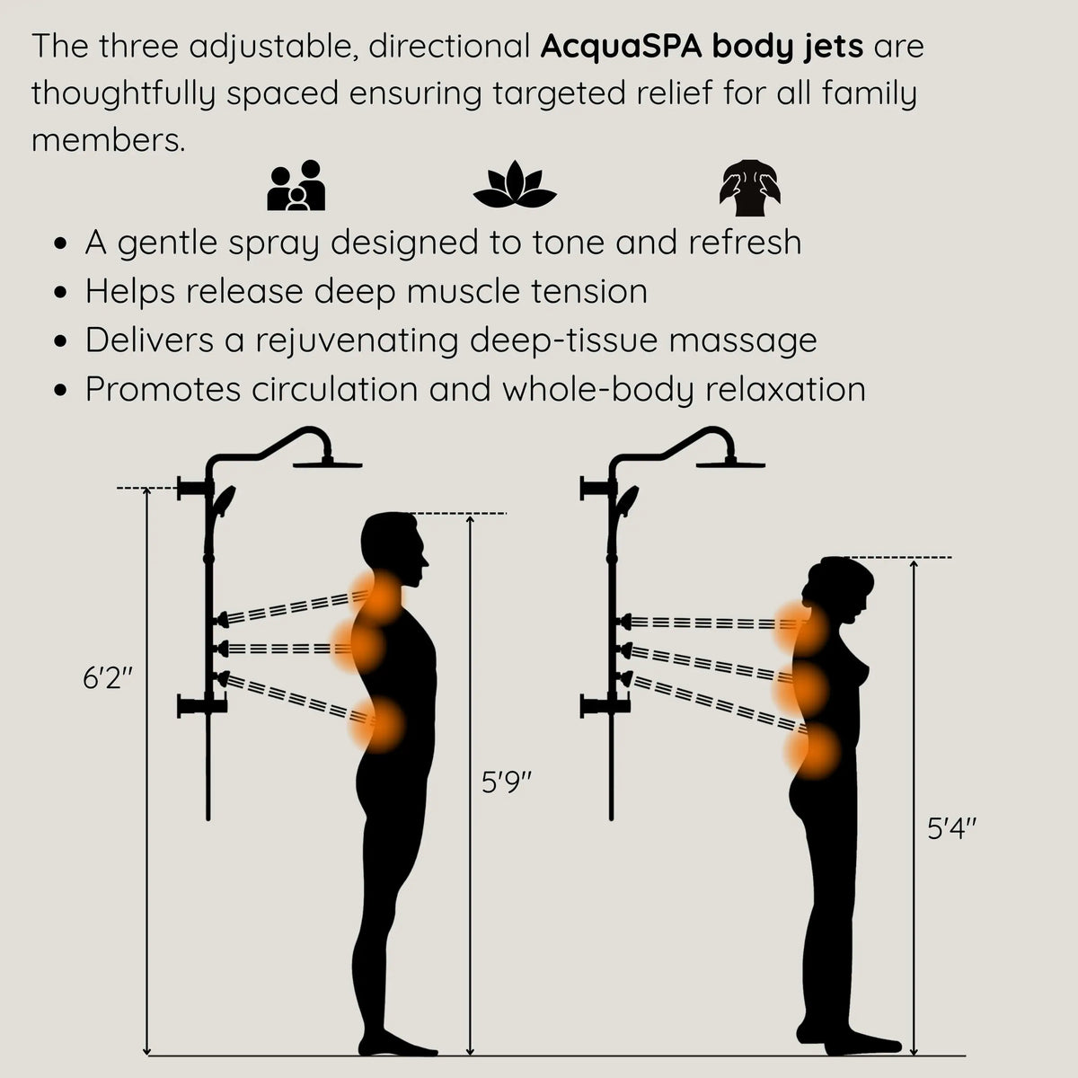Matte black body jet array on a vertical shower rail with adjustable spray directions