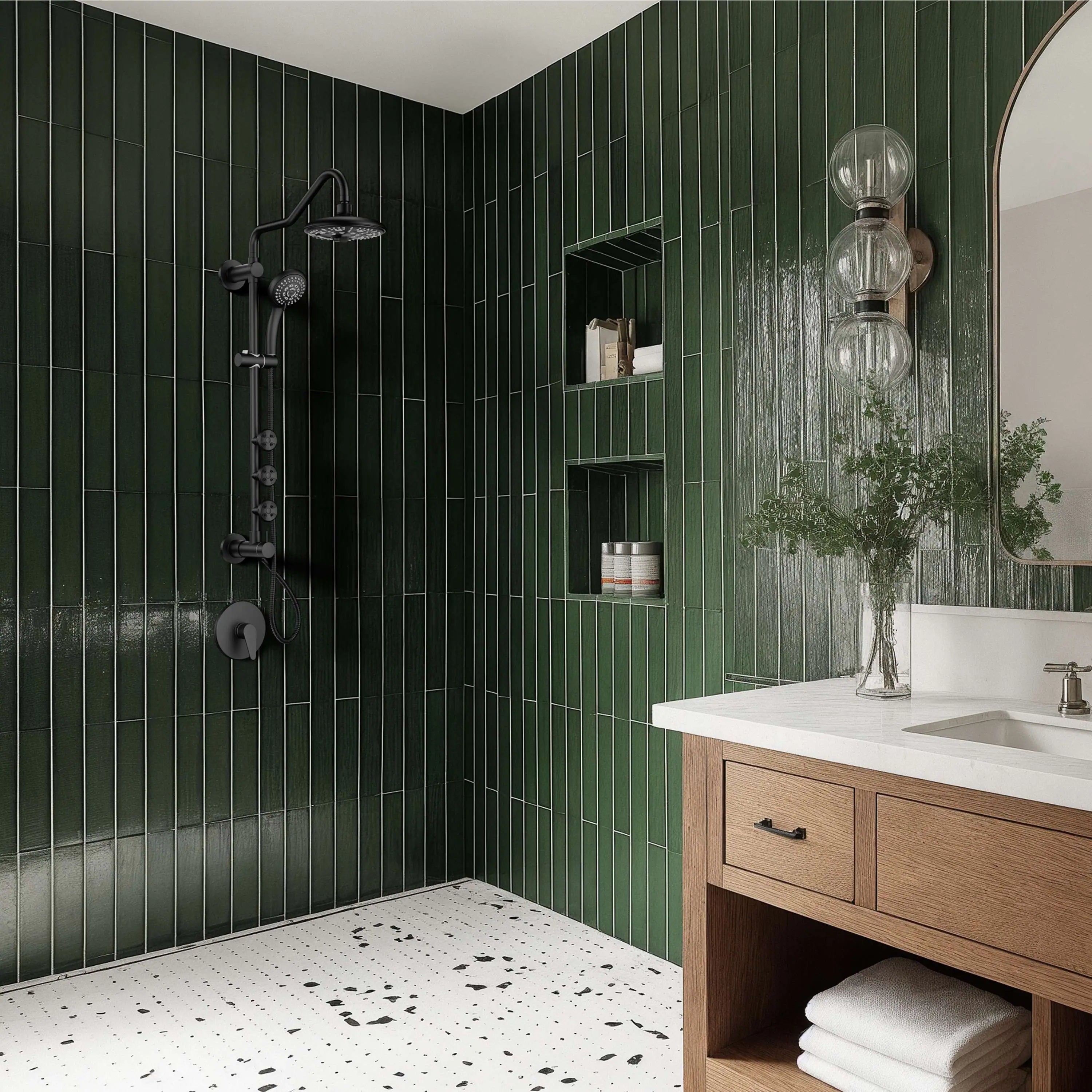 Matte black shower system with overhead rainfall and side body jets in a shower enclosure