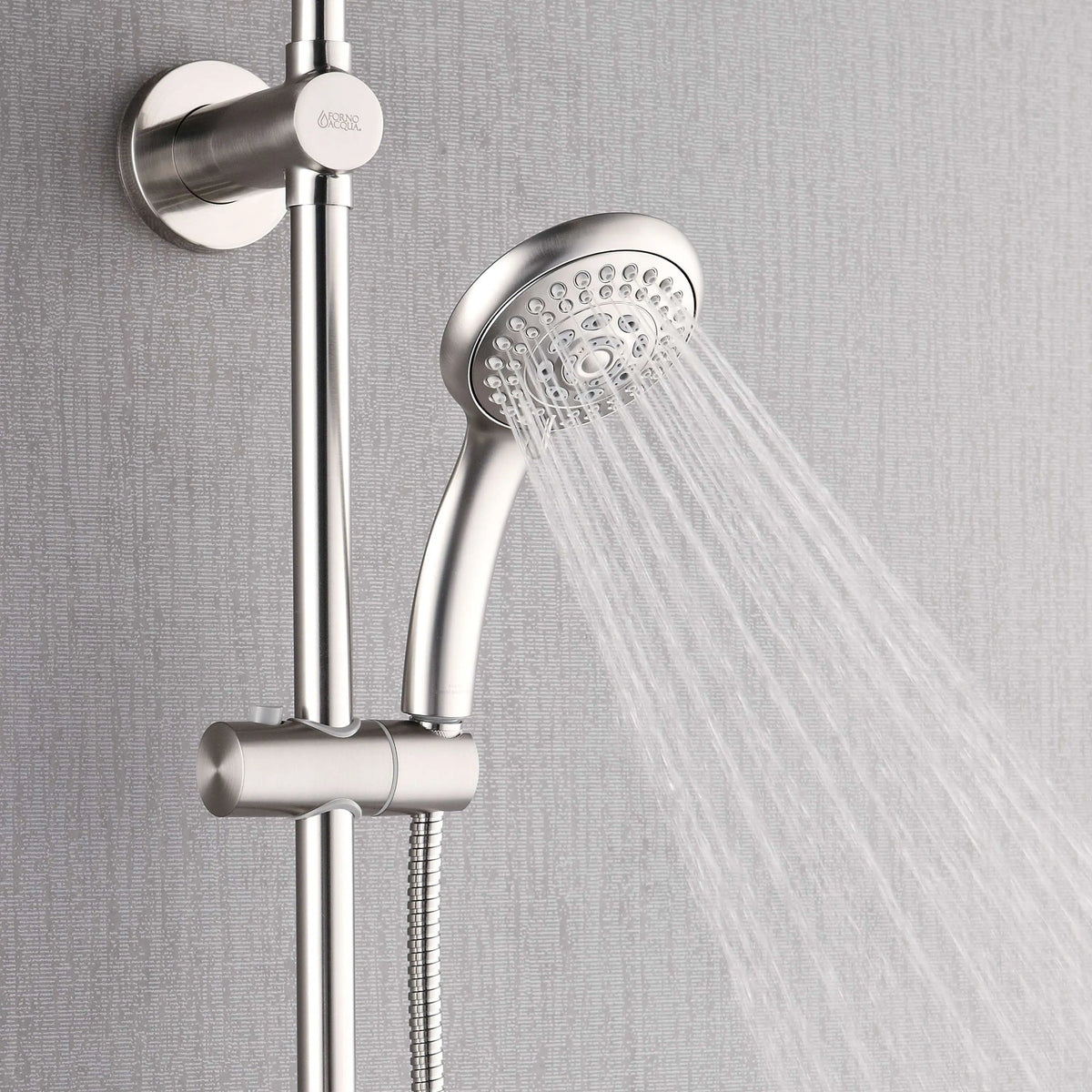 Brushed nickel overhead rain shower head with handheld sprayer and hose