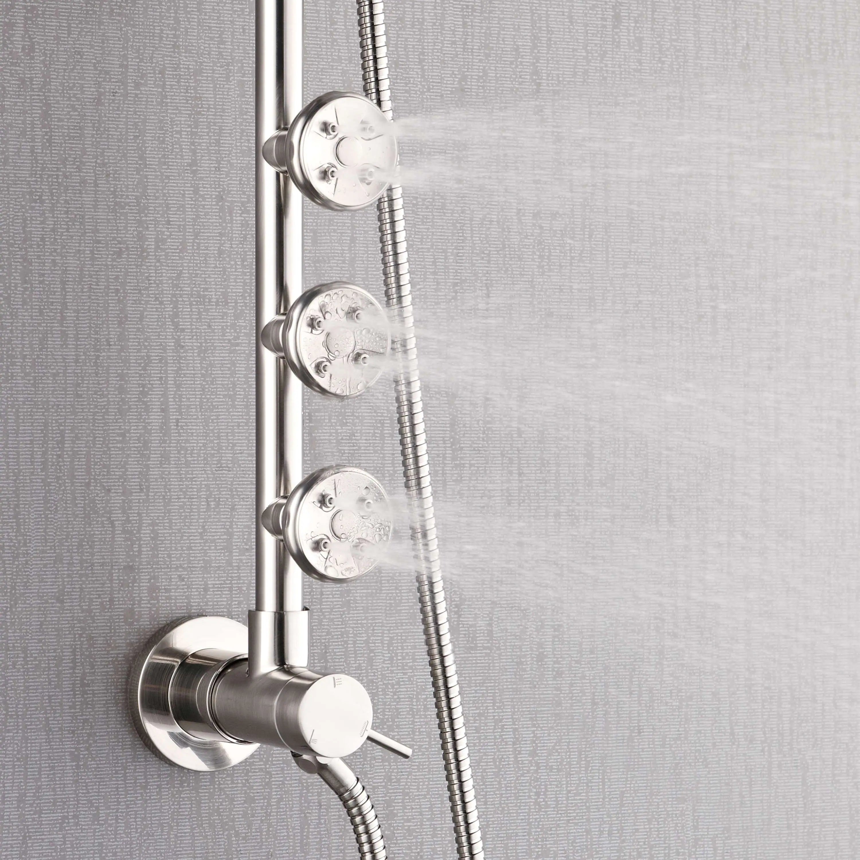 Brushed nickel shower panel with multiple round body jet outlets and flexible hose