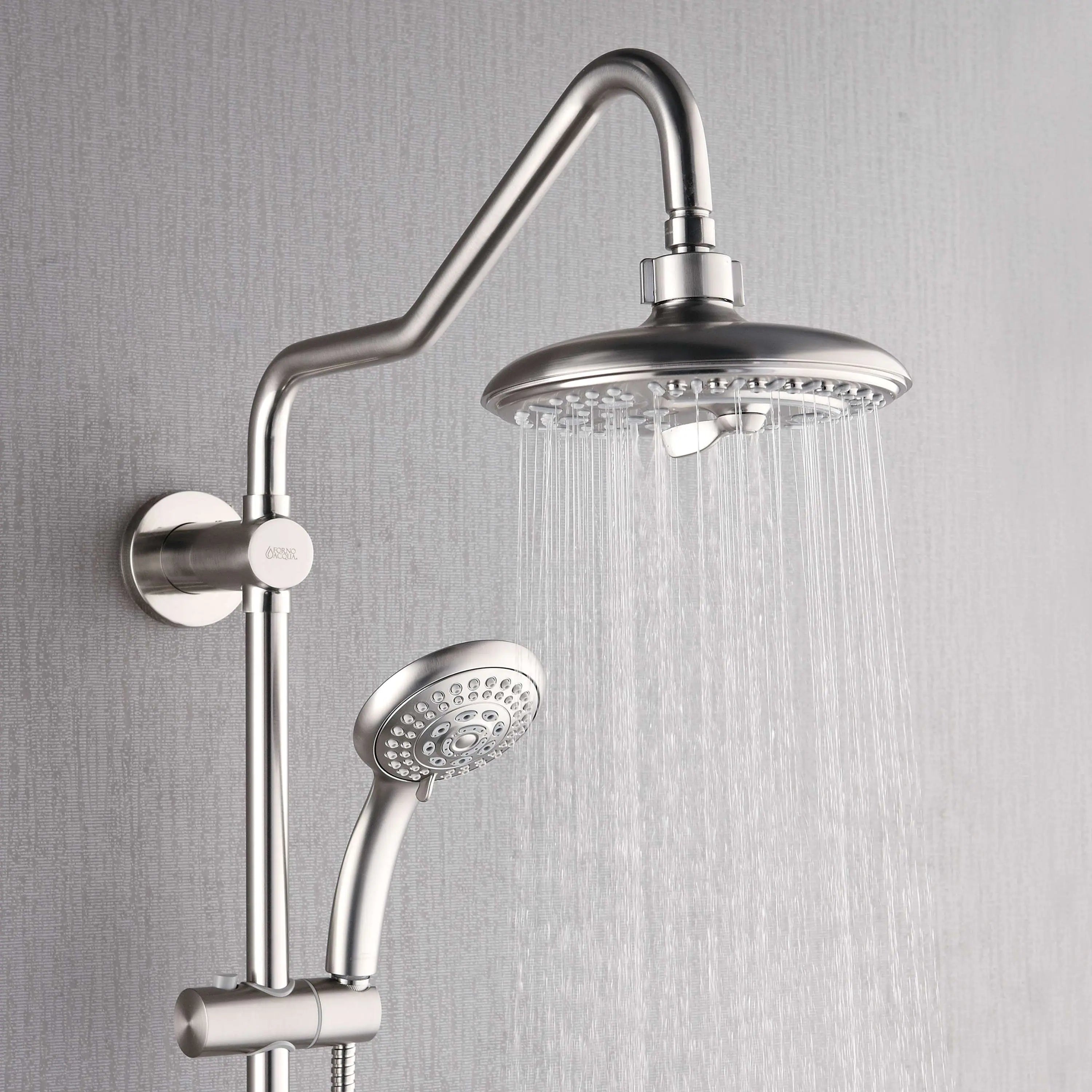 Brushed nickel shower system with overhead rain head and handheld sprayer running water