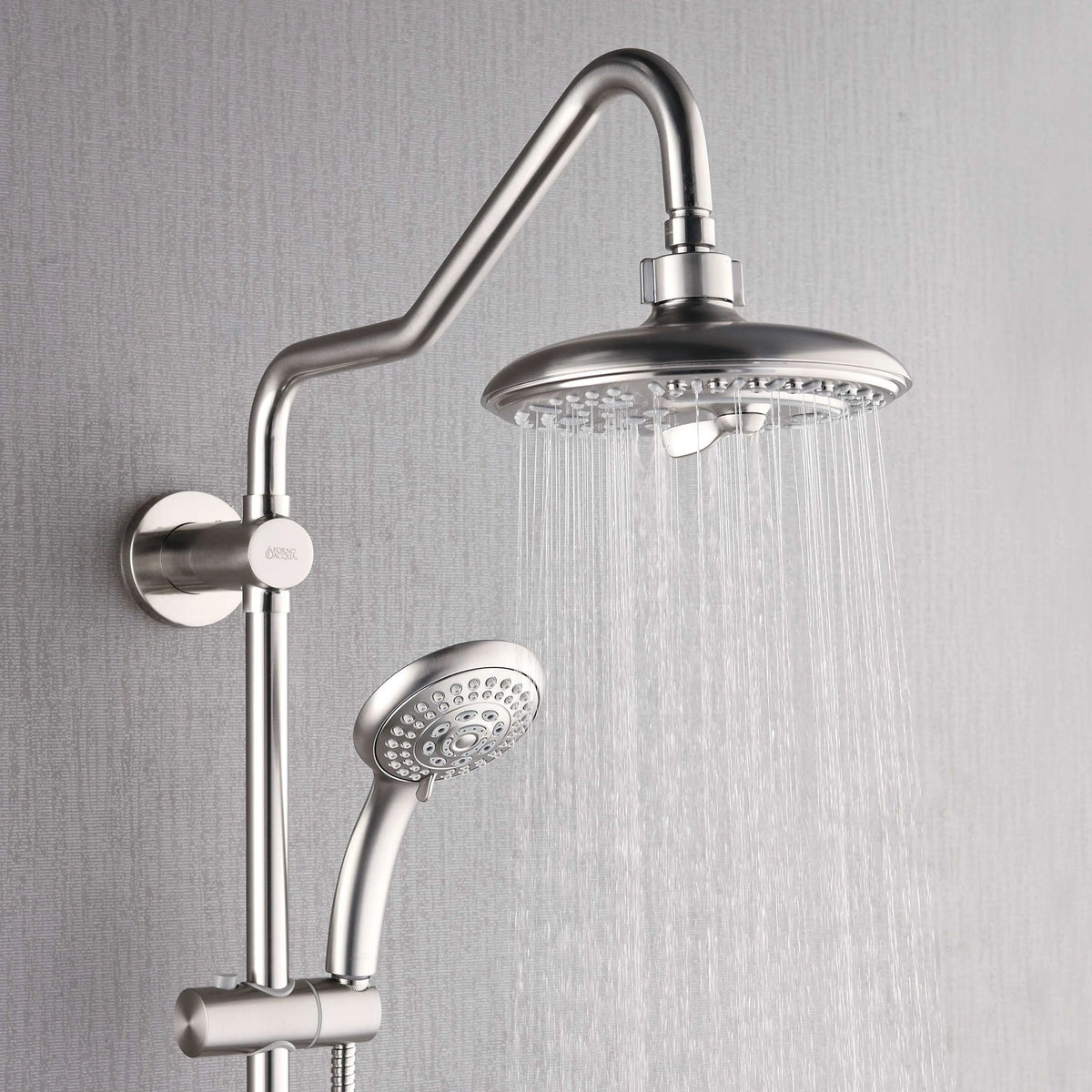 Brushed nickel overhead rain shower head with handheld sprayer and wall mount