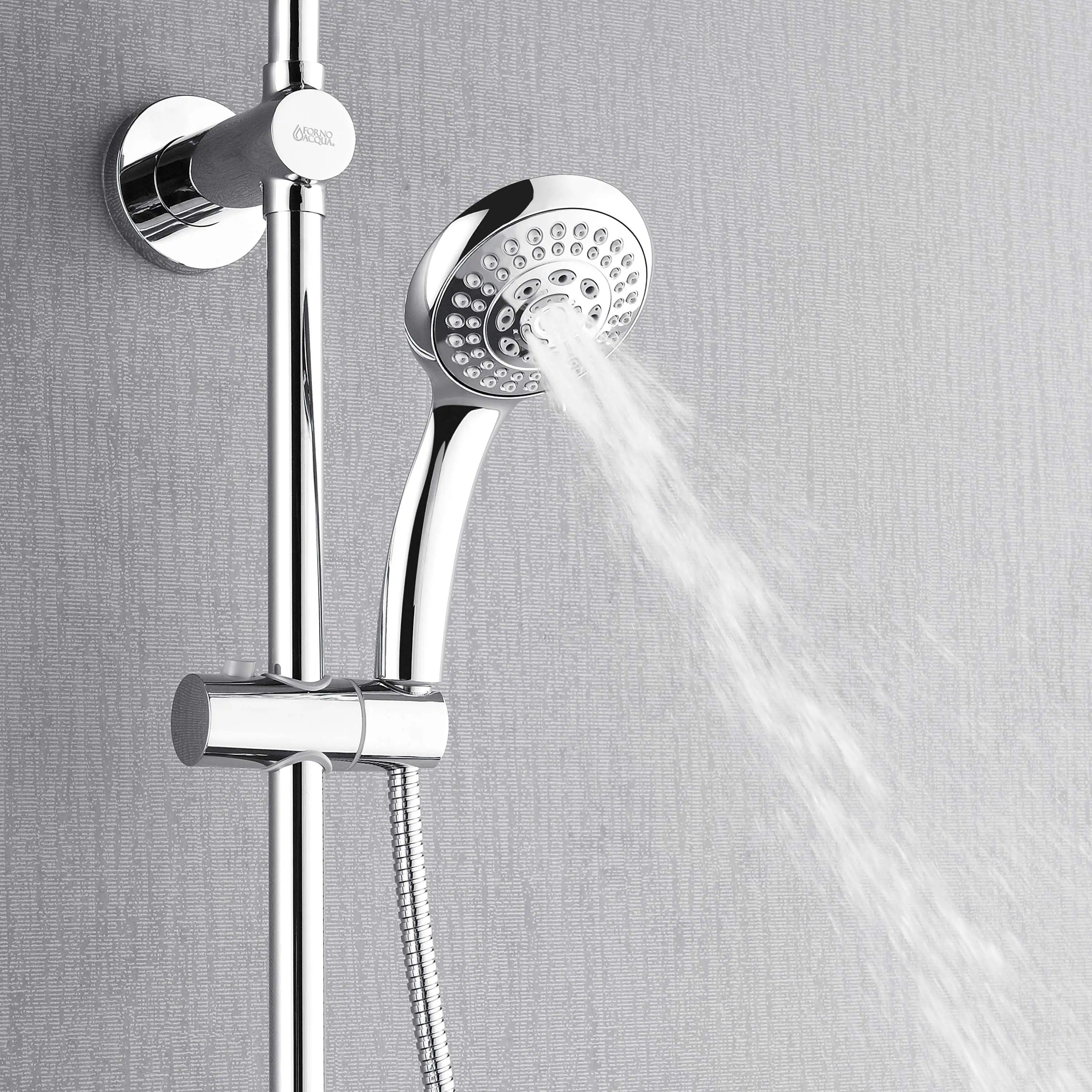 Handheld shower with round spray head and flexible hose, polished stainless finish
