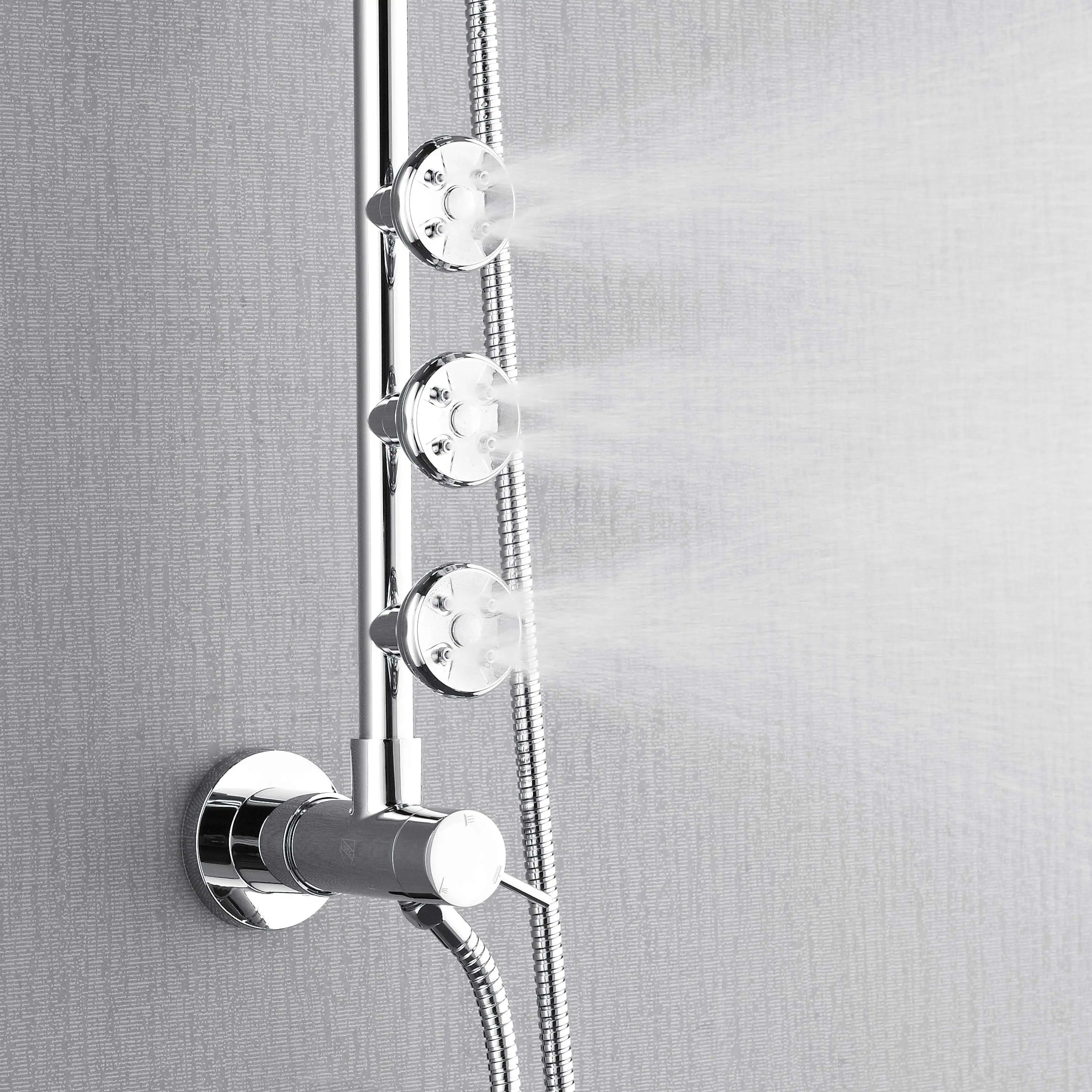 Polished stainless shower panel with body jets and flexible hose connection