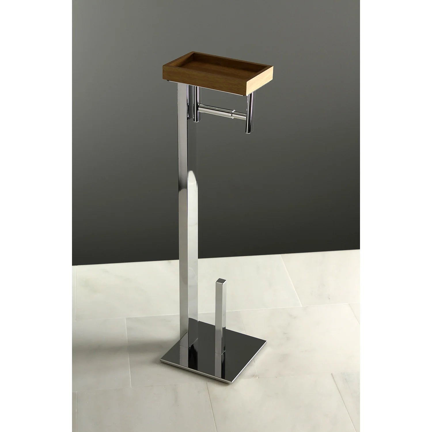 Freestanding toilet paper holder with polished chrome frame and wood storage shelf