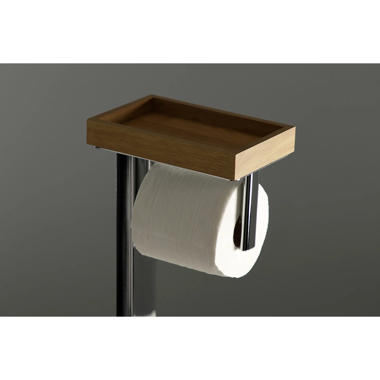 Freestanding toilet paper holder with wood top shelf and polished chrome paper spindle