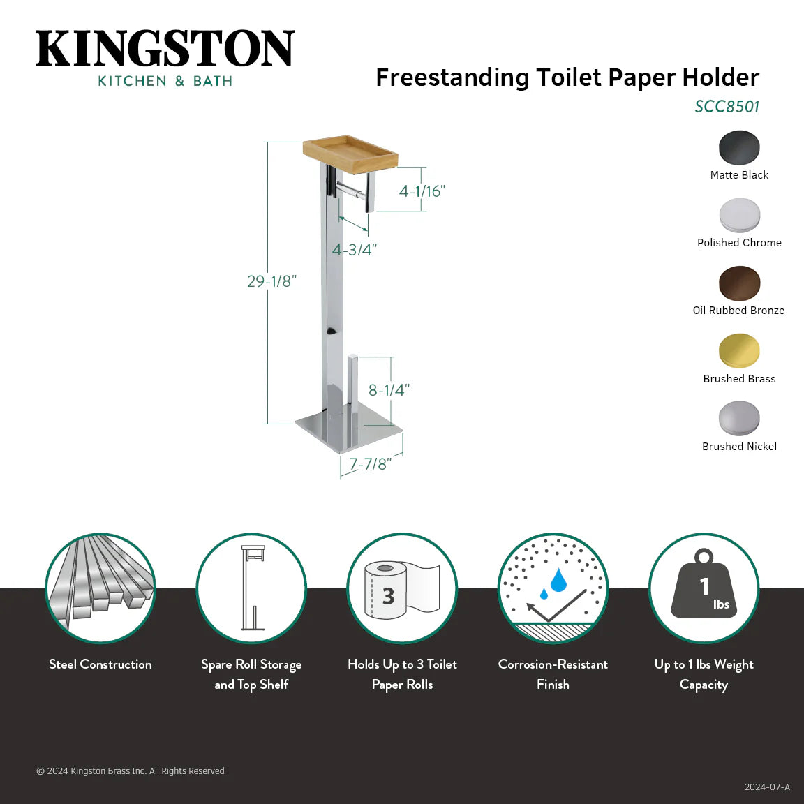 Freestanding toilet paper holder with wood shelf and polished chrome vertical frame