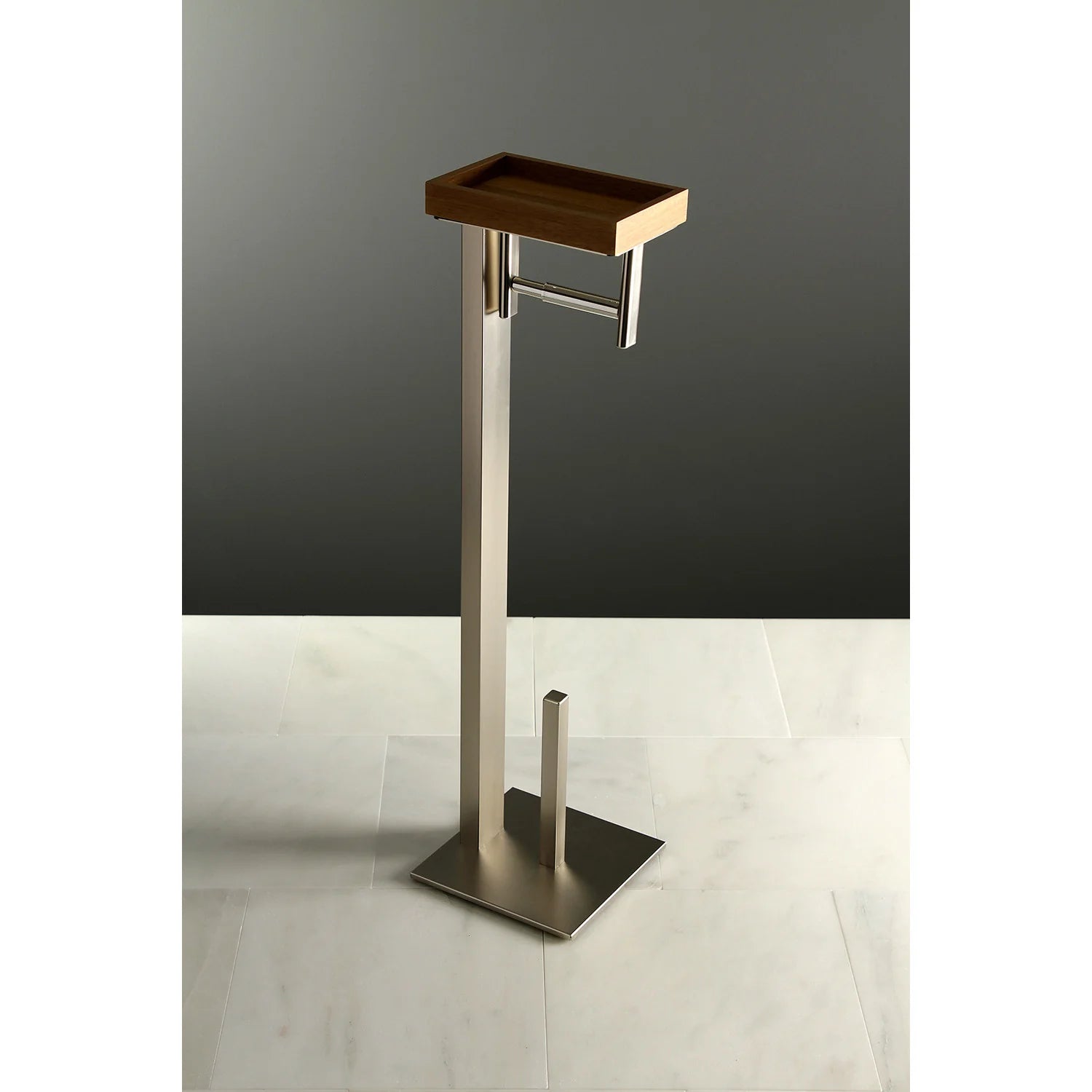 Freestanding toilet paper holder with shelf, brushed nickel with dark wood shelf