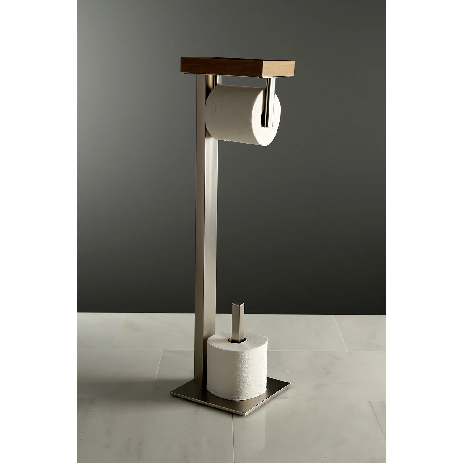 Freestanding toilet paper holder with shelf, brushed nickel stand and wood top
