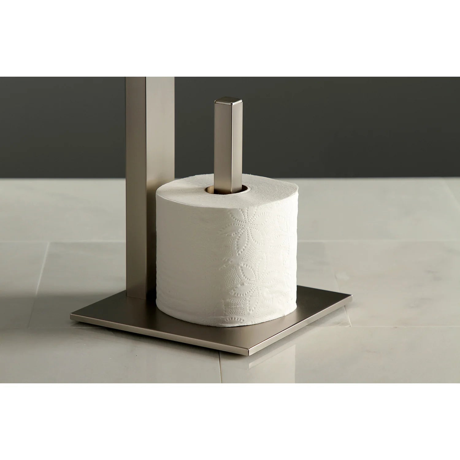 Freestanding toilet paper holder with shelf, brushed nickel base and dark wood top