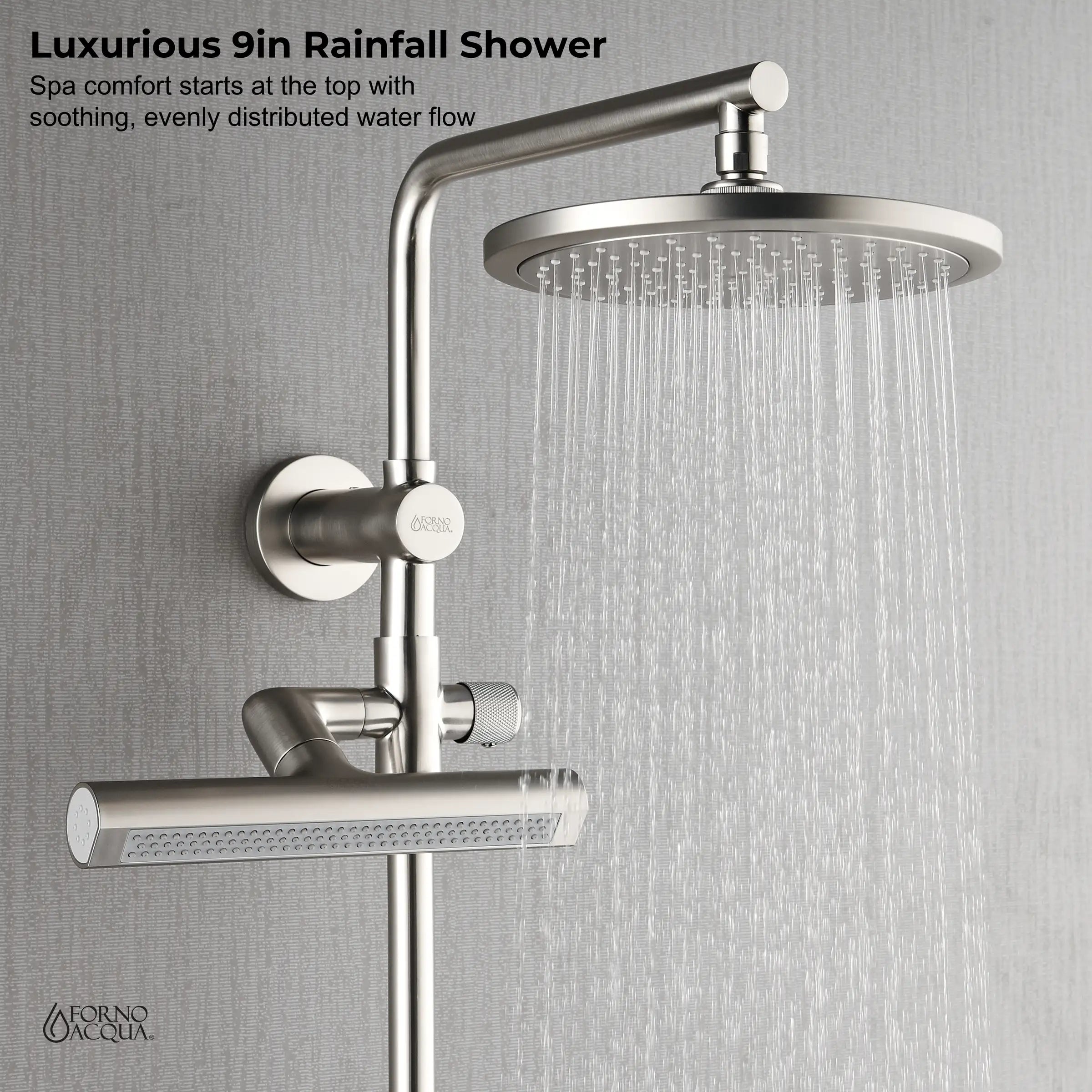 Brushed nickel rainfall shower set with 9-inch overhead head, handheld and body jet bar