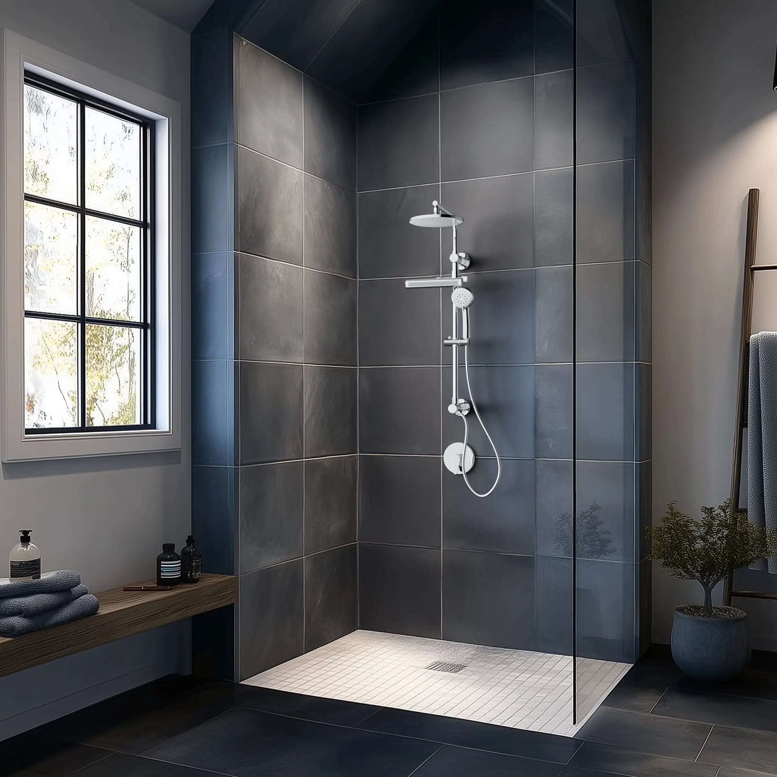 Chrome shower system with rainfall head and handheld hose against tiled wall