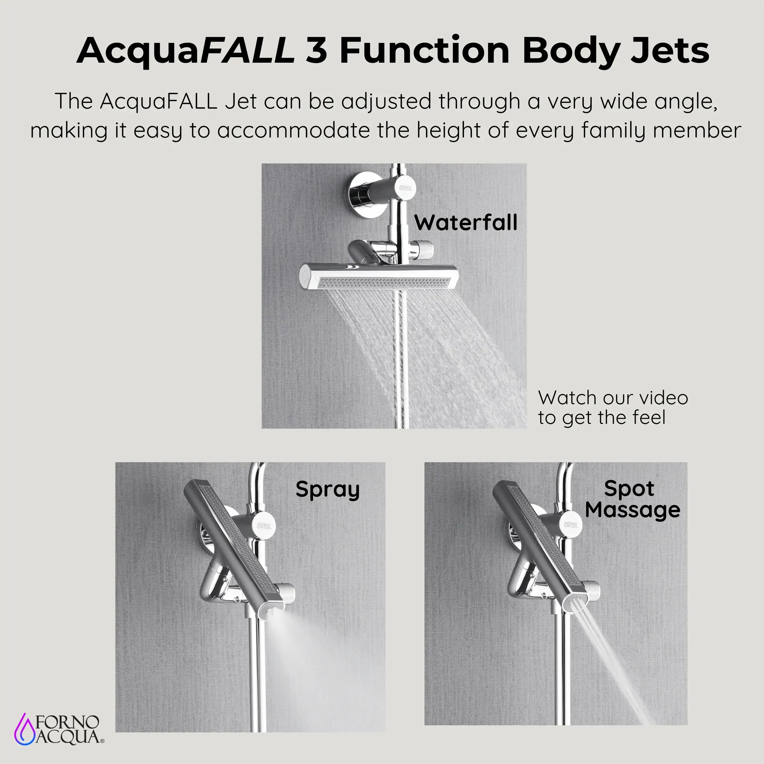 Shower body jet bar with adjustable spray functions in polished stainless steel