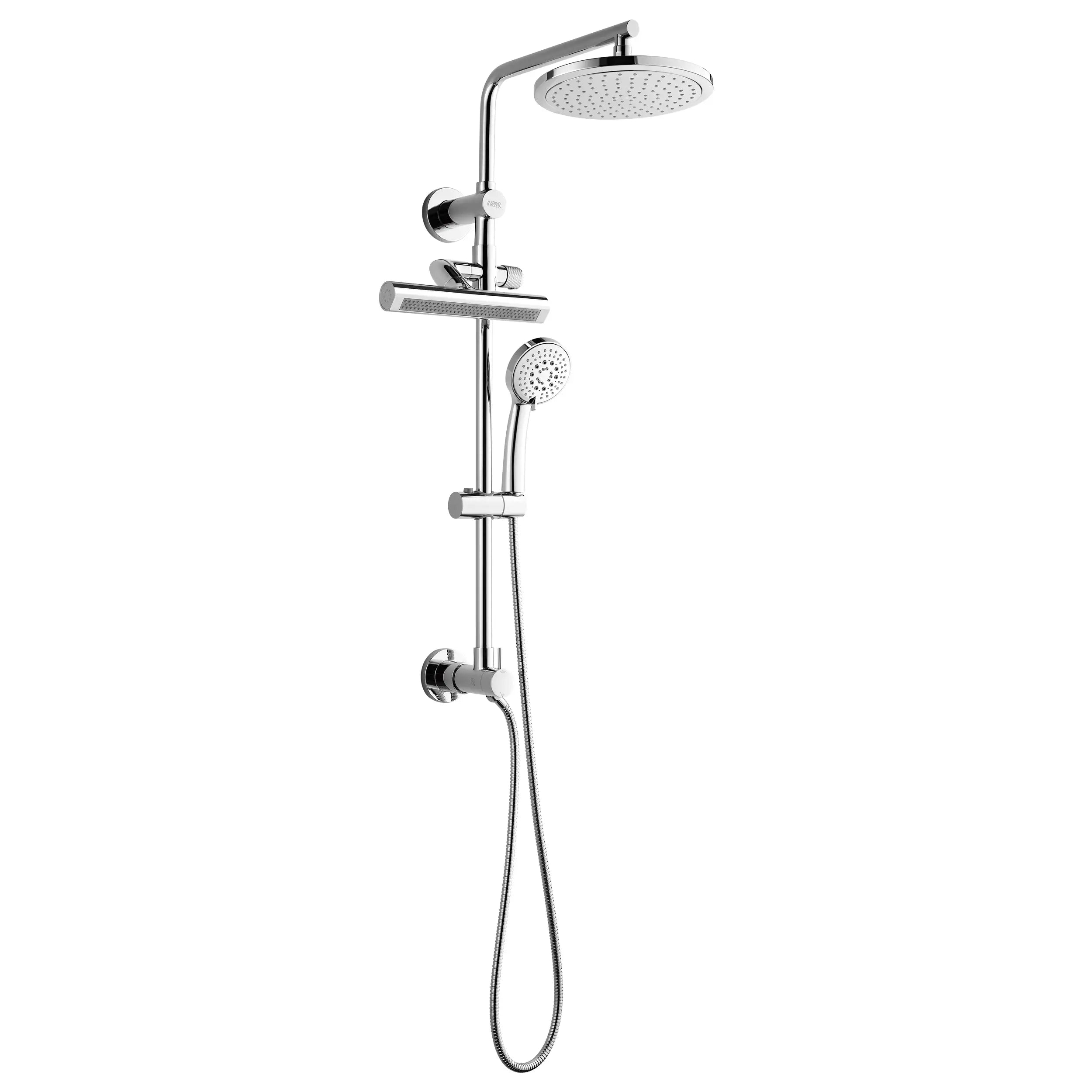 Polished stainless steel shower column with 9-inch rainfall head and handheld sprayer
