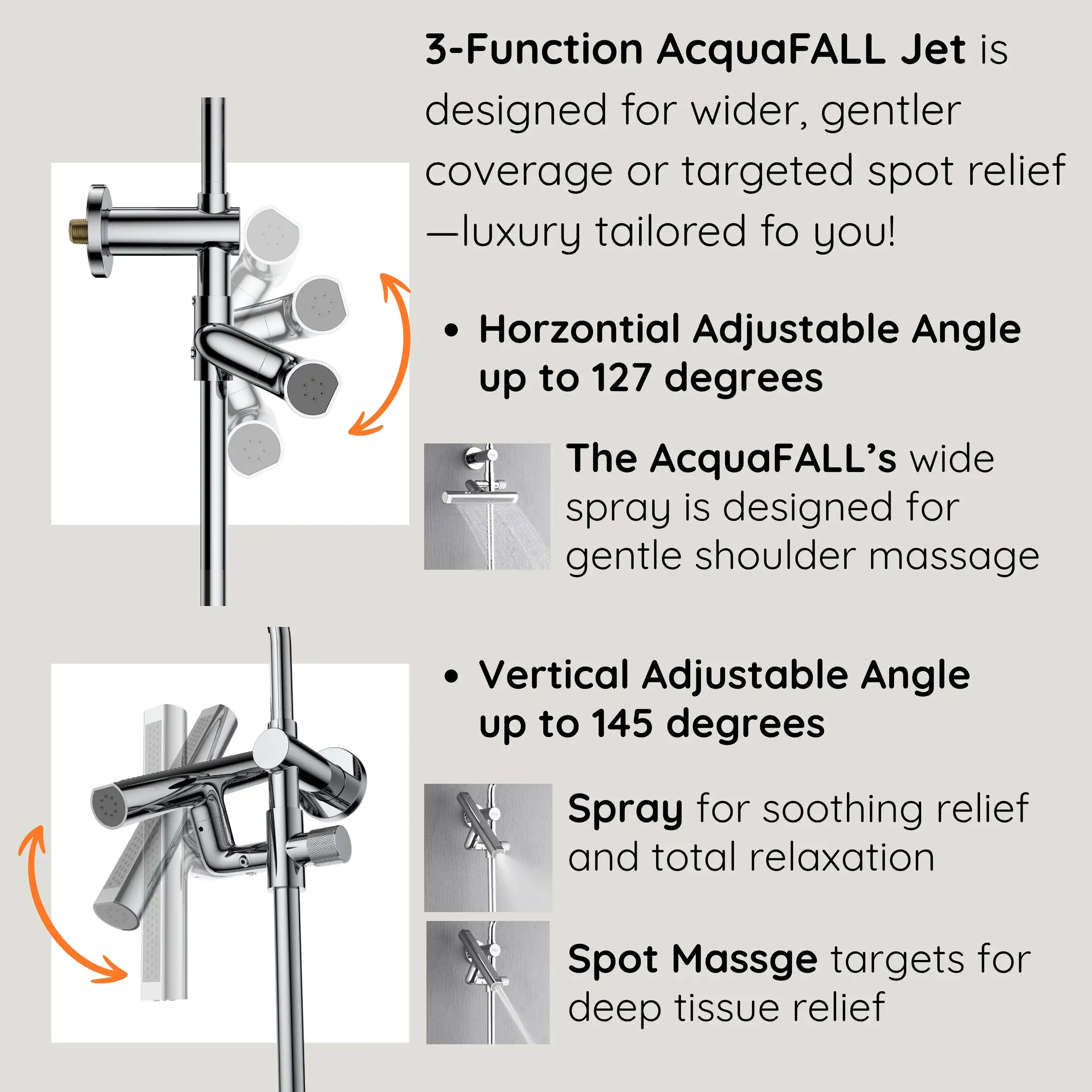 Brushed nickel shower diverter and adjustable-angle jet head with 3 spray functions
