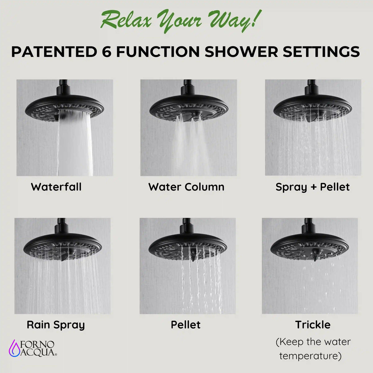 Matte black overhead rainfall shower head with multiple spray setting options